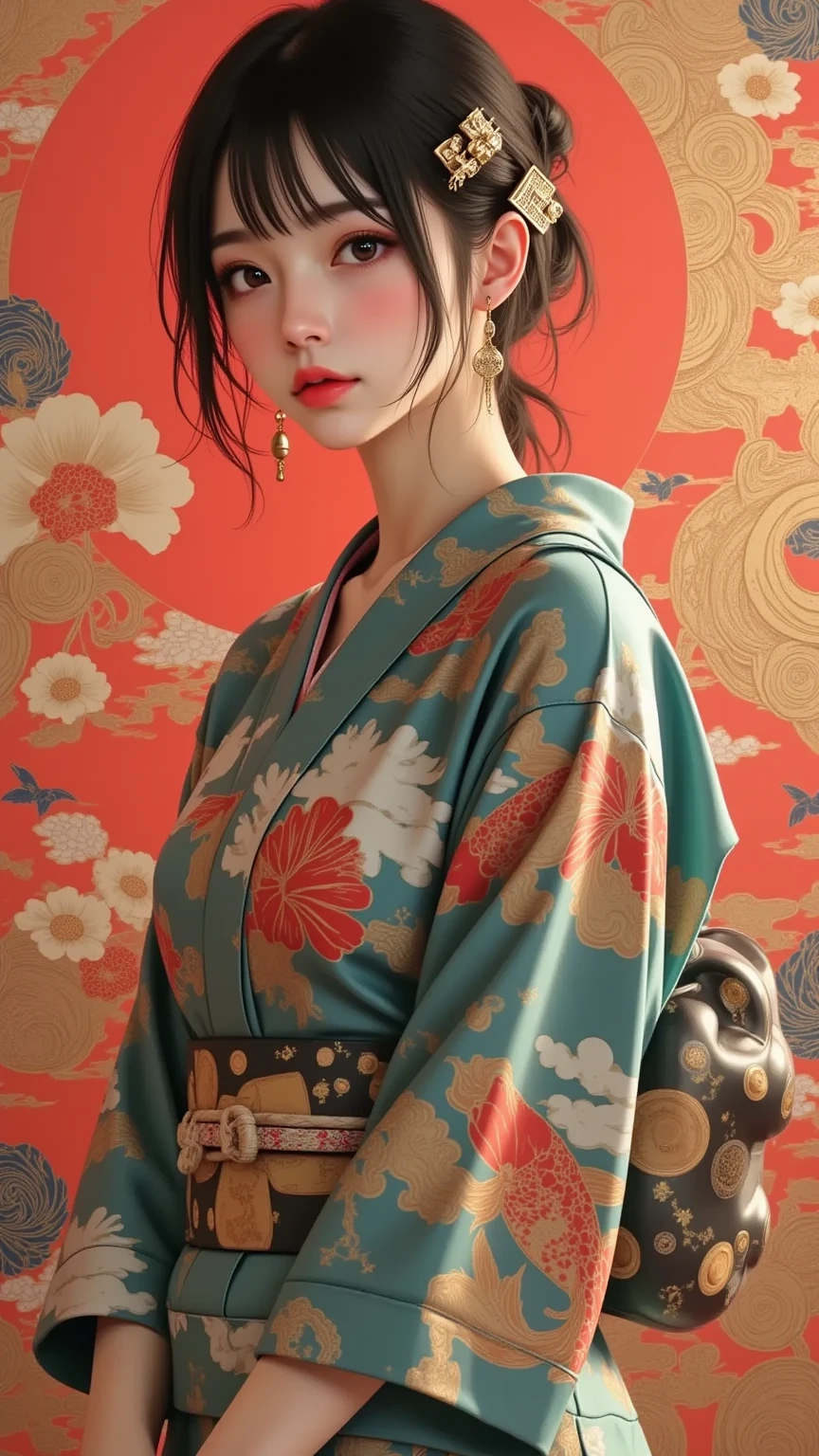  masterpiece, ultra detail,   nostalgic girl , ( ), (( dynamic angle :1.8))(( Muscular and thick legs :1.8)).  A traditional yet artistic portrait of a young woman in a glowing,  detailed kimono ,  decorated with intricate floral patterns and koi fish designs .  The scenery includes Japanese Strong red aesthetic , blaugrün, and gold tones .  The woman has a calm expression with subtle makeup ,  with a subtle blush and defined eyeliner .  Her black hair is elegant with bobby pins and Ornaments styled ,  that complement the kimono motifs .  Surrounding her are vivid illustrations of koi fish ,  that float between abstract forms and traditional Japanese patterns , combining modern and traditional artistic elements .  The composition is rich and dynamic ,  and cultural elegance and artistic fusion are emphasized .