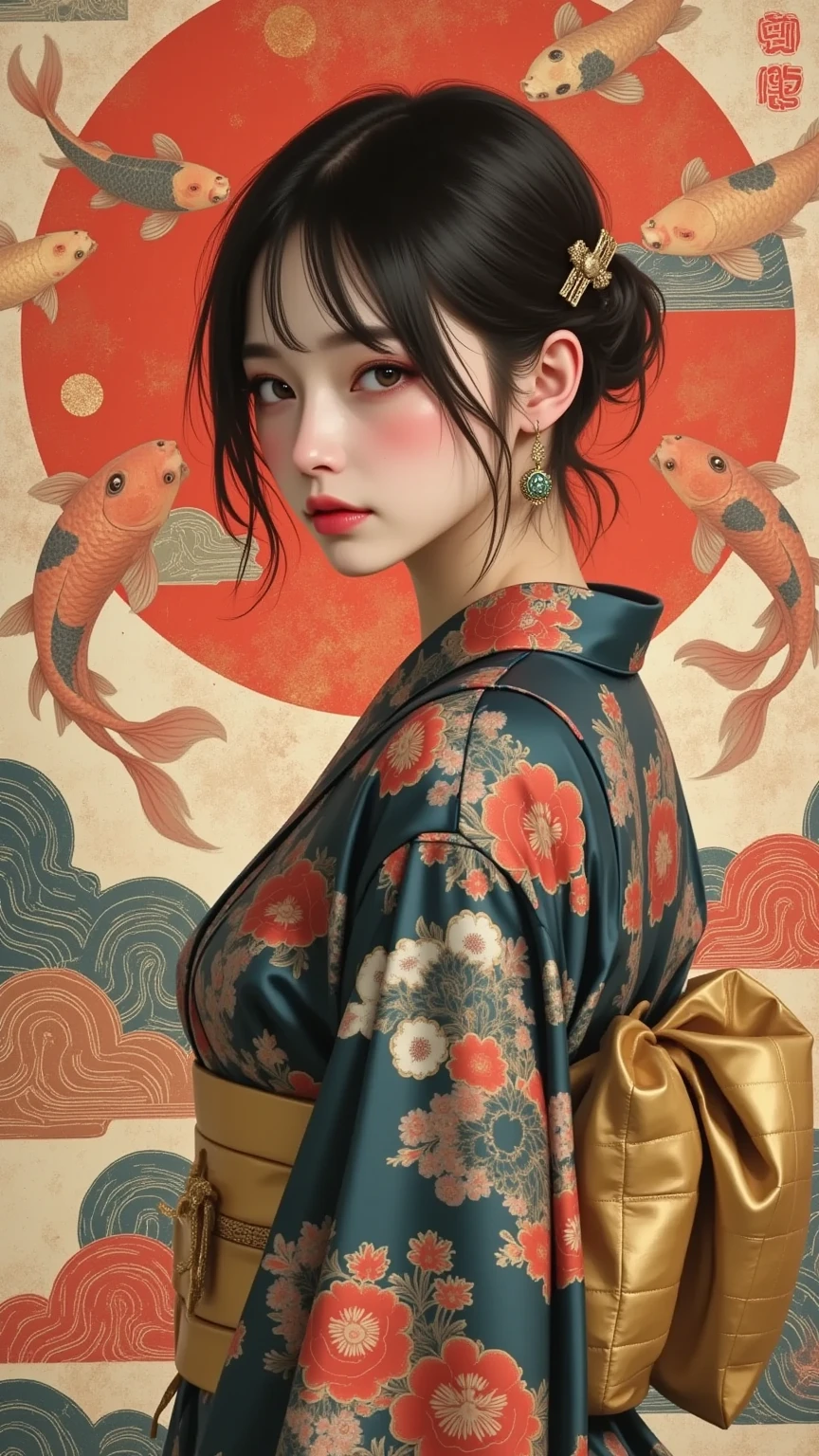  masterpiece, ultra detail,   nostalgic girl , ( ), (( dynamic angle :1.8))(( Muscular and thick legs :1.8)).  A traditional yet artistic portrait of a young woman in a glowing,  detailed kimono ,  decorated with intricate floral patterns and koi fish designs .  The scenery includes Japanese Strong red aesthetic , blaugrün, and gold tones .  The woman has a calm expression with subtle makeup ,  with a subtle blush and defined eyeliner .  Her black hair is elegant with bobby pins and Ornaments styled ,  that complement the kimono motifs .  Surrounding her are vivid illustrations of koi fish ,  that float between abstract forms and traditional Japanese patterns , combining modern and traditional artistic elements .  The composition is rich and dynamic ,  and cultural elegance and artistic fusion are emphasized .