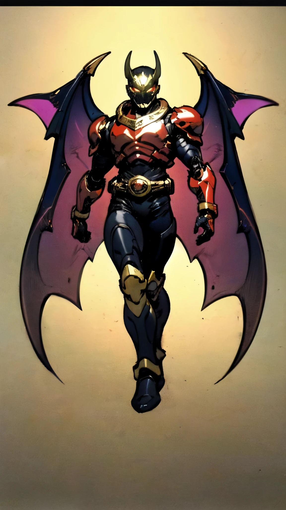 (masterpiece:1.5, best quality:1.5, extremely delicate:1.5), ((male:1.5)), a man wearing a full-face helmet, high-tech biomimetic armored combat suit, (a composite layered chest armor), the design balances heavy with agility, fully enclosed shoulder guards, matching arm and leg guards, a belt of gemstone, (the color scheme is primarily Yellow with Red and Purple accents, Organic Biotech, Concept Inspired by Vampire, glowing eyes, armor glows, huge cloak like devil wings, blood), stand of a futuristic sci-fi city, this character embodies a finely crafted fantasy-style armored hero in anime style, exquisite and mature art style, metallic, high definition, highres, ultra-detailed, ultra-fine painting, professional, perfect body proportions, golden ratio, anatomically correct, symmetrical face, extremely detailed eyes and face, high quality eyes, creativity, RAW photo, UHD, 32k, Natural light, cinematic lighting, (masterpiece-anatomy-perfect:1.2)