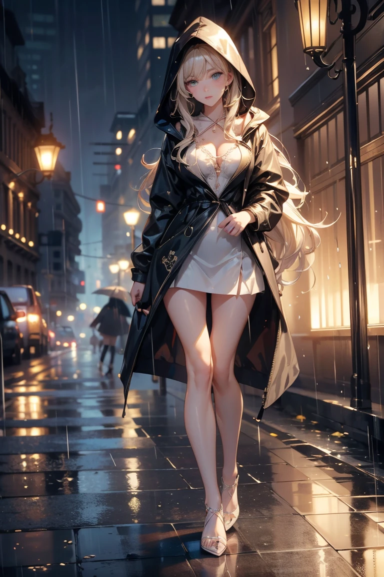 ( masterpiece , high definition, high resolution)  full body, light eyes and delicate and beautiful face ,  long wavy hair on your shoulders .  ultra detailed , beautiful breasts and hips ,  Beautiful legs . A pretty girl in the city on a rainy day wearing a ,  raincoat with her hood on and her hands in her pockets in the rain.