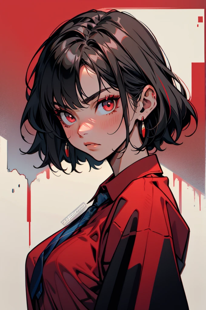 The character presents a striking and stylized design. she has black hair, with some loose locks that fall over her face, and wears a pair of large ears with red details. Her gaze is expressive, with one of her eyes highlighted in an intense red tone.

She is dressed in a neutral colored shirt, with a red tie and voluminous sleeves. The style of the clothing combines traditional elements with modern touches, and the predominant colors are black and red, giving a bold and distinctive look.

The composition of the image suggests a more abstract background, which reflects a dynamic and perhaps even supernatural feeling, complementing the intriguing aura of the character.  She has a confident posture , which suggests a strong and charismatic personality.