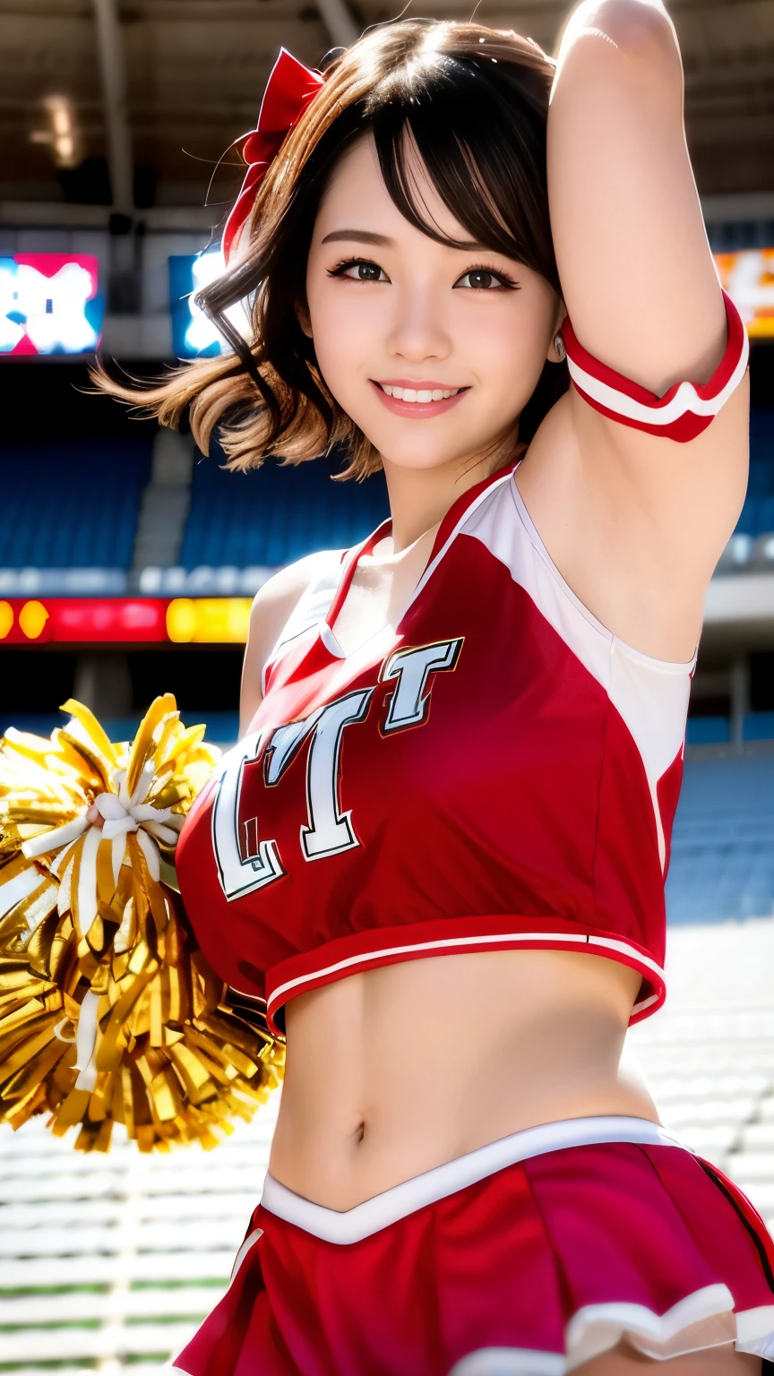 Photorealistic、Masseter muscle area、Highest quality、High resolution、RAW Photos、Realistic、Bright lighting、Face Light、Smooth Professional Lighting、Japanese women、Beautiful woman、Modeled、gravure、sexy、so beautiful、Realisticで美しい肌、Beautiful and detailed、Detailed face、slim、Large Breasts、Cleavage、short hair、Brunette colored hair、Brown eyes、looking at the camera、Cheerleader、Cheerleader、Cheerleader、smile