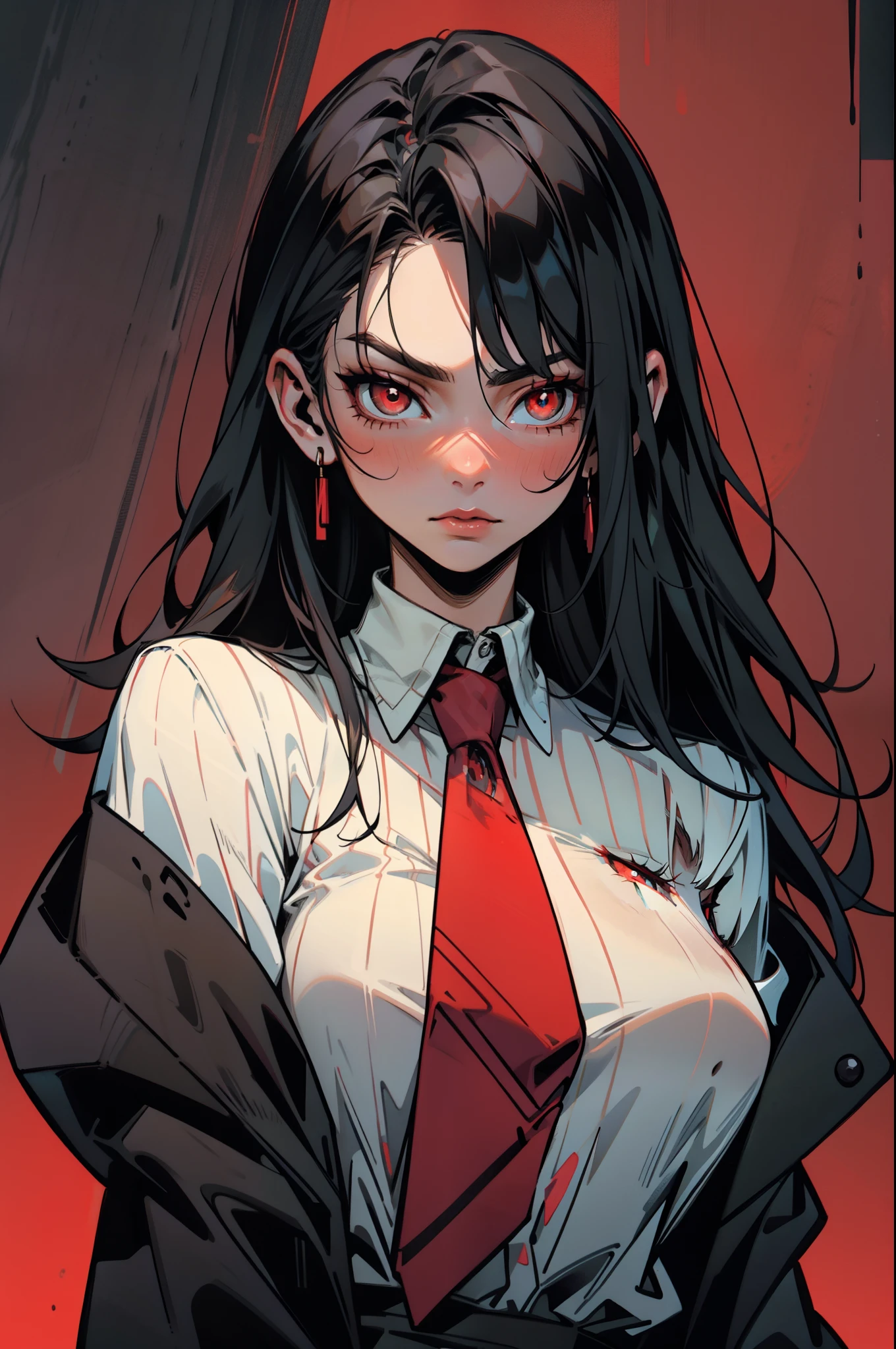 The character presents a striking and stylized design. she has black hair, with some loose locks that fall over her face, and wears a pair of large ears with red details. Her gaze is expressive, with one of her eyes highlighted in an intense red tone.

She is dressed in a neutral colored shirt, with a red tie and voluminous sleeves. The style of the clothing combines traditional elements with modern touches, and the predominant colors are black and red, giving a bold and distinctive look.

The composition of the image suggests a more abstract background, which reflects a dynamic and perhaps even supernatural feeling, complementing the intriguing aura of the character.  She has a confident posture , which suggests a strong and charismatic personality.