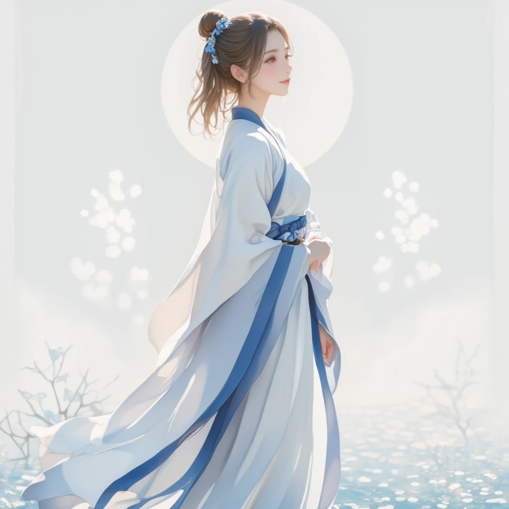 A serene and minimalistic scene featuring a young East-Asian woman dressed in traditional Chinese hanfu, standing gracefully in profile. She wears a flowing white and light gray robe tied with a navy blue sash, her hair styled in a bun with delicate hair ornaments. The background is a soft, ethereal white with circular, moon-like elements and subtle floral accents. The setting conveys a tranquil and poetic atmosphere with reflections on a calm surface resembling water.