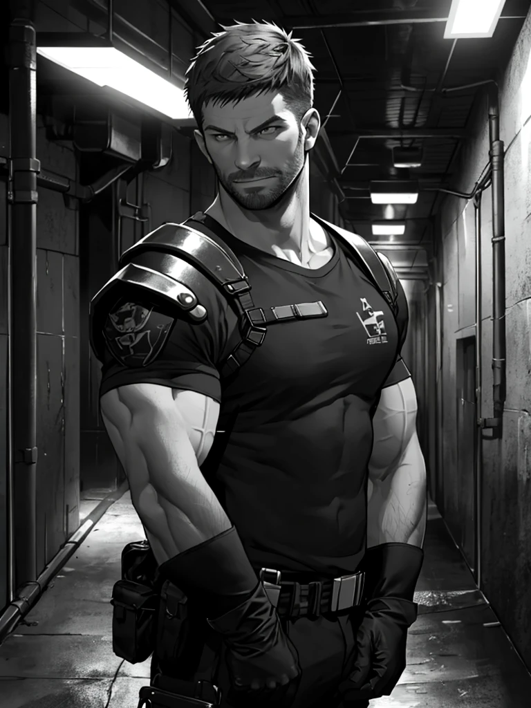 “1 man, solo | (35-year-old), tall and hunk, chiseled features with muscular (biceps, abs, and chest) | wearing a grey T-shirt with (black accents and a BSAA logo on the shoulder) | tactical gear includes (utility straps, combat armor, and durable gloves) | his expression shows a slight smirk, with a determined yet calm demeanor | upper body shot | set in a (dark, industrial hallway), faintly illuminated by flickering lights, emphasizing the tension of the scene | moody atmosphere with dramatic highlights and shadows | ultra-detailed textures, sharp focus on clothing and muscle definition | cinematic composition, best quality, masterpiece, high resolution:1.2.”