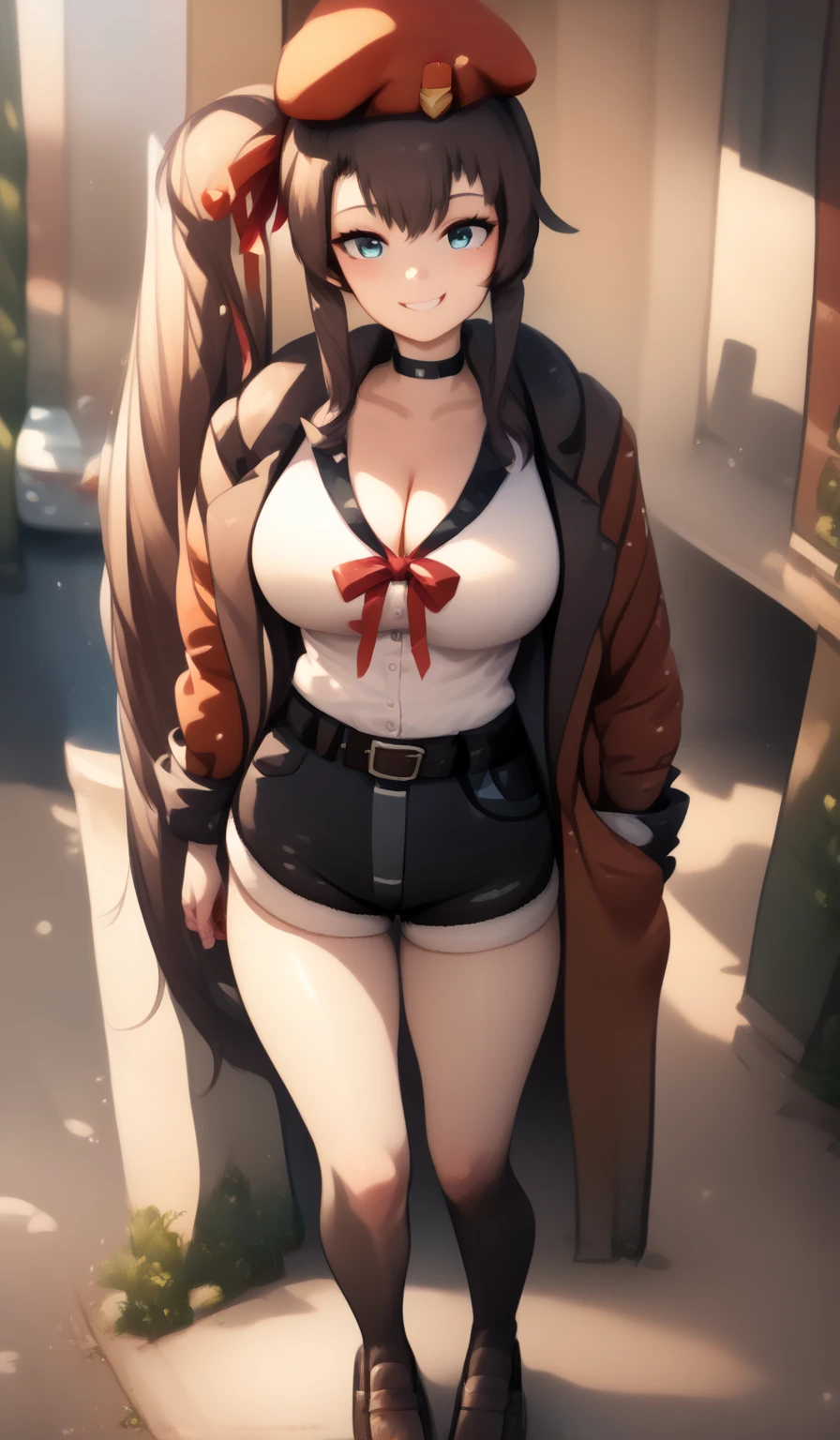 score_9,score_8_up,score_7_up,score_6_up BREAK official art,solo,outdoors,cowboy shot,looking at viewer,facing viewer,smile,female commander (girls' frontline),termichan (not-a-bot),red beret,red headwear,very long hair,brown hair,side ponytail,one side up,sidelocks,bangs,blue eyes,choker,cleavage,fur trim,red jacket,open jacket,white shirt,shirt ribbon,red ribbon,large breasts,skindentation,belt,black shorts,short shorts,shorts rolled up,zettai ryouiki,black thighhighs,loafers,