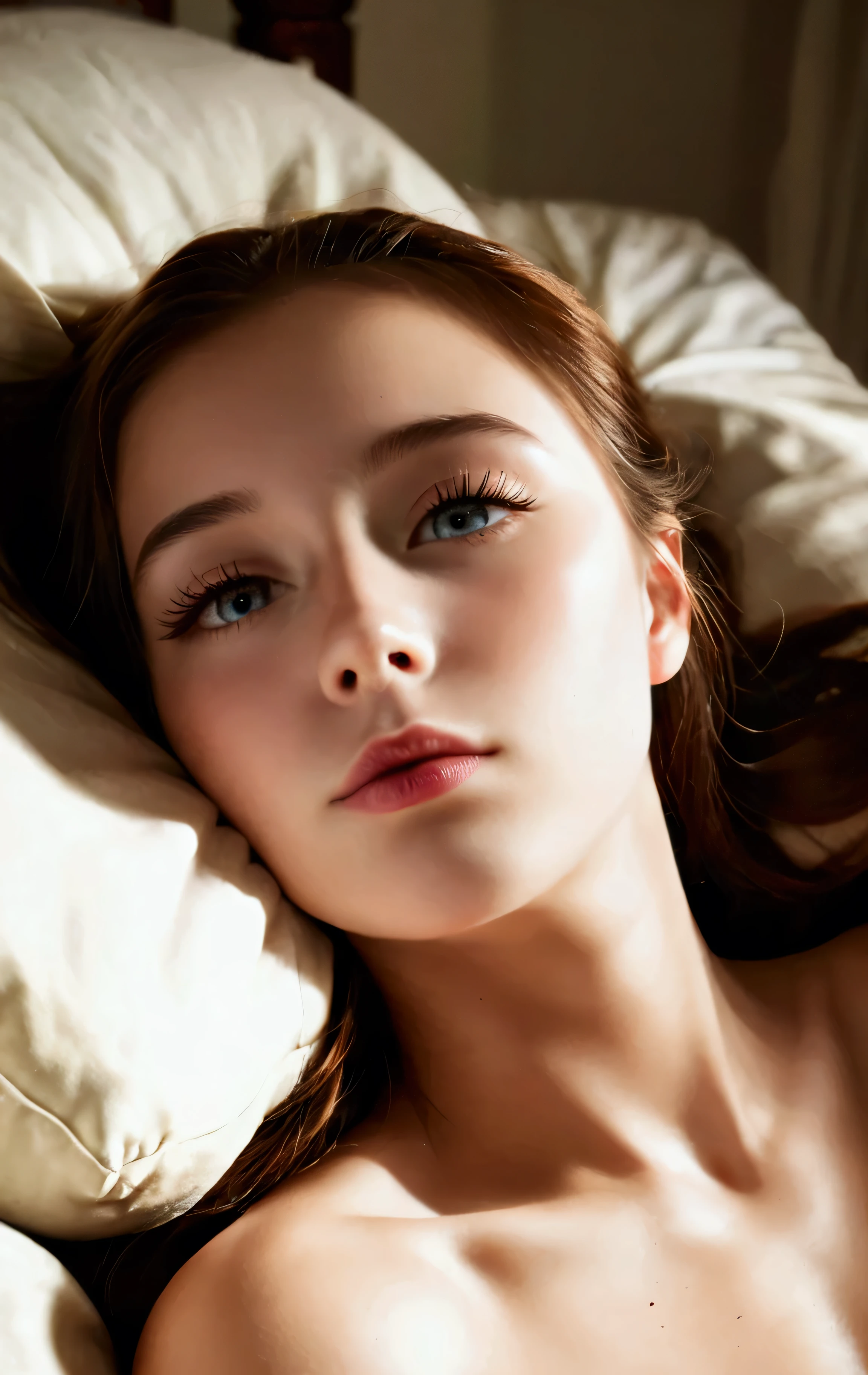 sfw,a girl lying on bed, beautiful detailed eyes, beautiful detailed lips, extremely detailed face, long eyelashes, porcelain skin, relaxed expression, natural lighting, high quality, photorealistic, masterpiece, 8k, hyper detailed