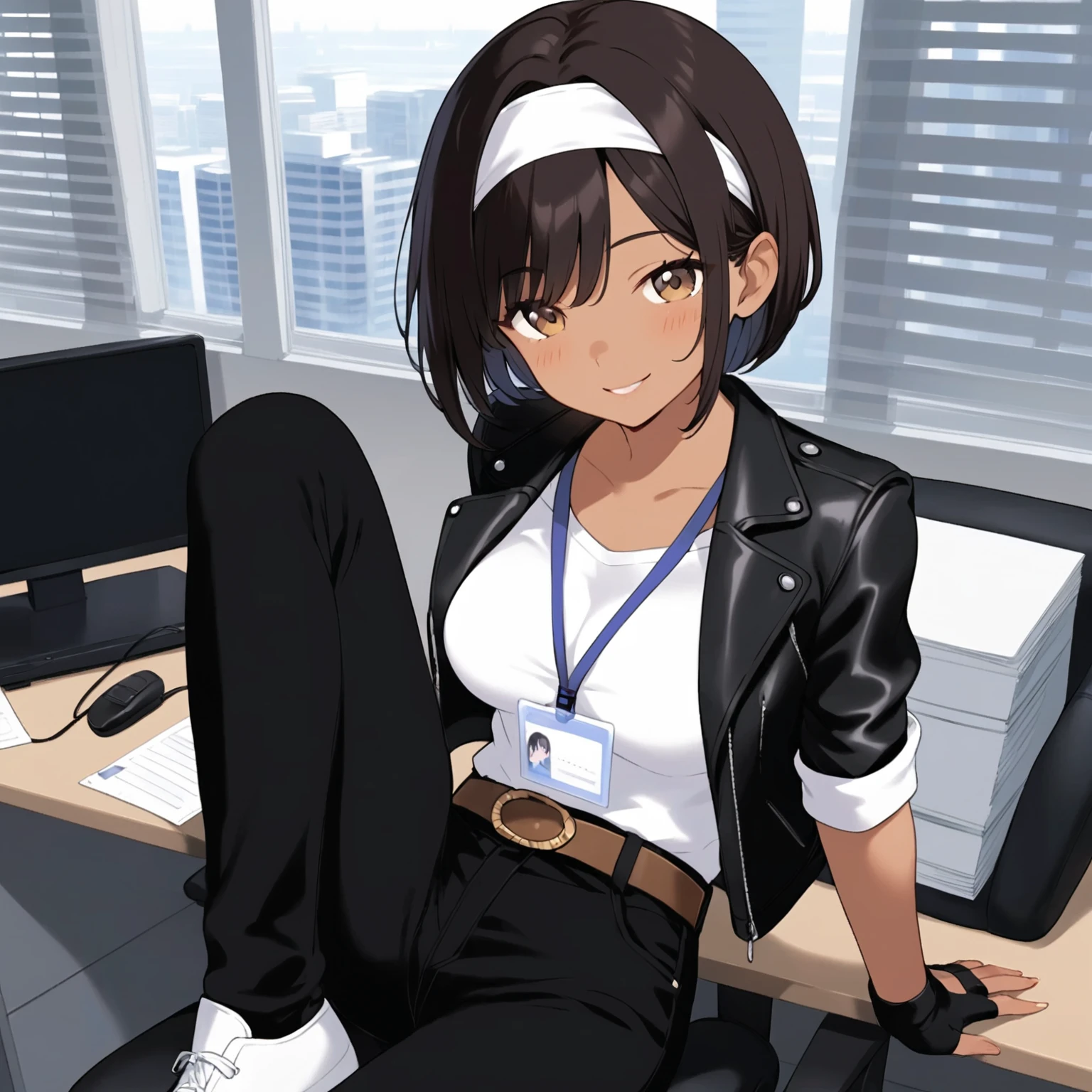 Anime girl sitting at desk 、 using computer and monitor,   Anime Moe Art Style ,  sexy anime girl,  Charming Anime Girl , Sincerity shinkai ( Apex Legends ), smooth anime cg art, ( software ) safe for work,  female action anime girl sitting with a gun , Sincerity,  Female Anime Character , Modern anime style ,   high quality anime art style  , Sincerity shinkai style、 cute smile