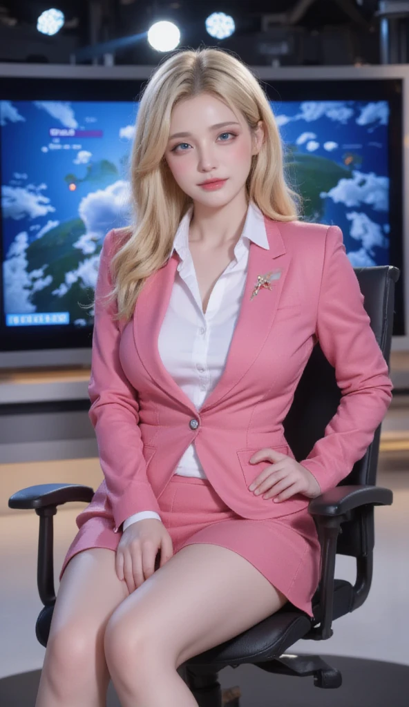 A super beautiful European white woman with blonde hair is sitting on a chair in front of a big screen displaying a weather map. She is dressed in a top brand suit, featuring a pink blazer and a mini skirt, paired with a white shirt. Her legs are bare, and she is wearing high heels. A pin microphone is attached to her collar, and she is spreading her legs slightly, showcasing her voluptuous thighs.
The setting is a TV news studio, and she is portraying a weather forecast announcer. The focus is on her clothing and broadcasting equipment, with the studio's atmosphere enhancing her professional and attractive appearance. The image is suitable for a general audience, maintaining a SFW (Safe For Work) standard.