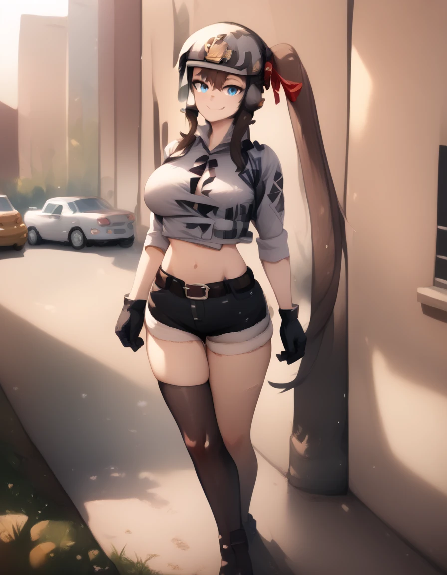 score_9,score_8_up,score_7_up,score_6_up BREAK official art,solo,outdoors,cowboy shot,looking at viewer,facing viewer,smile,female commander (girls' frontline),termichan (not-a-bot),smile,helmet,brown hair,very long hair,side ponytail,bangs,hair ribbon,blue eyes,grey shirt,large breasts,chest rig,black gloves,stomach,belt,short shorts,black shorts,fur-trimmed shorts,black thighhighs,black footwear,boots,