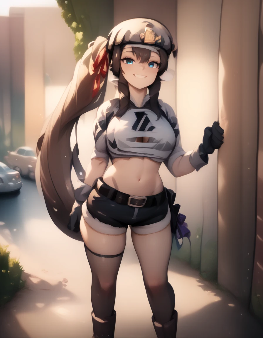 score_9,score_8_up,score_7_up,score_6_up BREAK official art,solo,outdoors,cowboy shot,looking at viewer,facing viewer,smile,female commander (girls' frontline),termichan (not-a-bot),smile,helmet,brown hair,very long hair,side ponytail,bangs,hair ribbon,blue eyes,grey shirt,large breasts,chest rig,black gloves,stomach,belt,short shorts,black shorts,fur-trimmed shorts,black thighhighs,black footwear,boots,