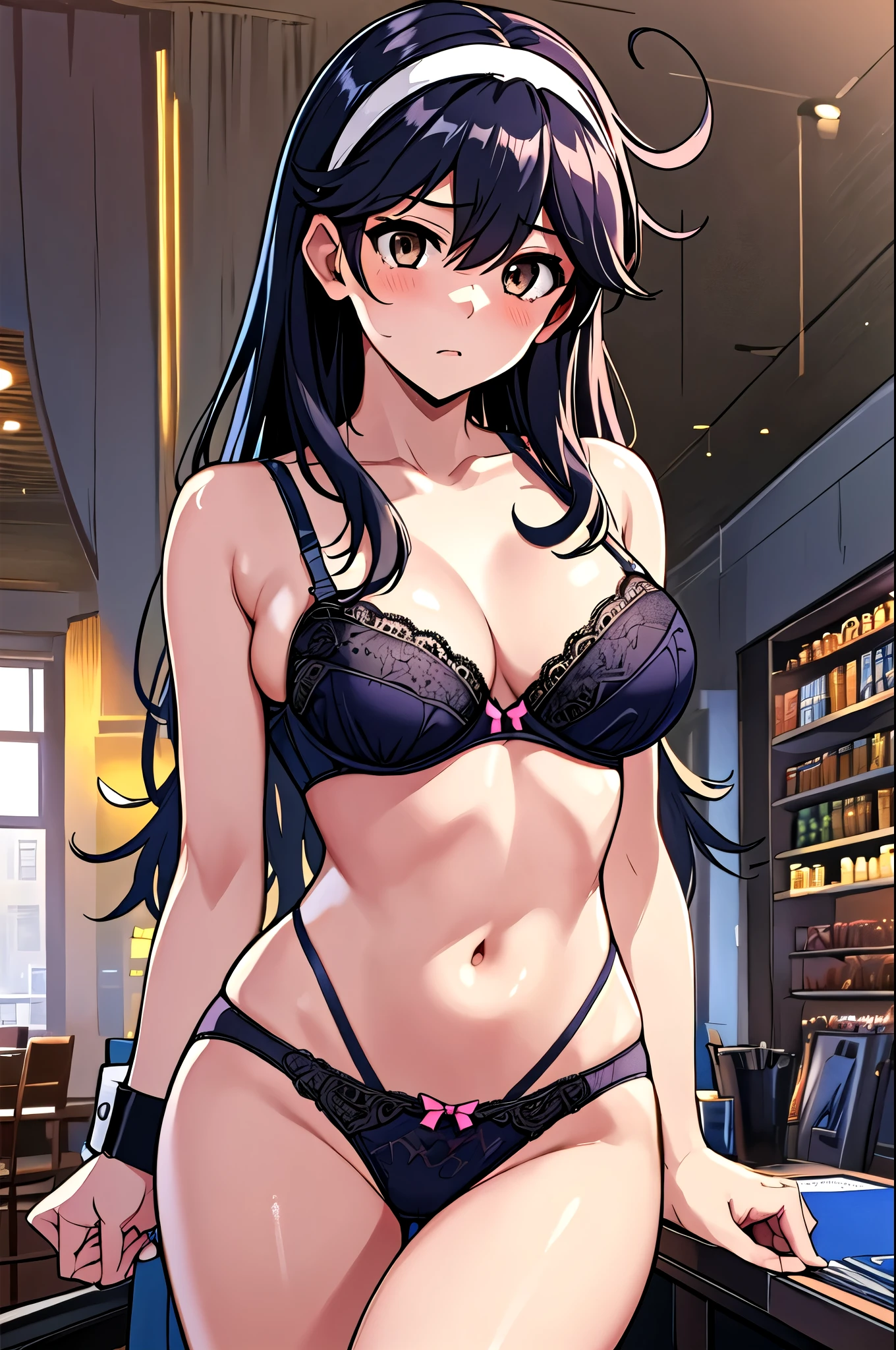  top quality,     Masterpiece  ,   is high definition , Alone,   1 girl, {Ushio_    Fleet Collection H:1.15}, 長hair, 黒hair,  , (白  headband behind a tree),   headband behind a tree, hair_between_eye, 茶色eye, Big Breasts, Chest, 大きいChest,  ( smaller), Living Room Backdrop ,   office background, ( Lean forward ),   Watch viewers,   Dutch Angle  ,   Cowboy Shots,((  punch )),(   panties), (  good), (  lingerie)