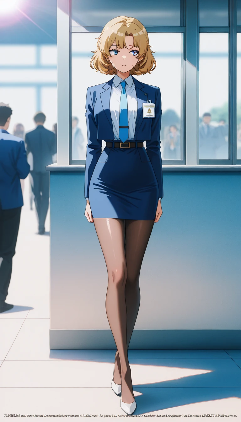 Blonde、 short haired 、bangs、悲しface、Blue Eyes、 full body style that reflects your whole body、Normal milk、 narrow waist 、Bare legs、 in a suit、 blue jacket , collared shirt 、 white shirt、 blue tie,belt, blue mini pencil skirt, black tights、White pumps、 official art, Extremely Detailed CG Unity 8K Wallpaper , Full Photo, colorful , bright _ Front_face_光ing,  shiny skin, ( masterpiece:1.0),(Highest_quality:1.0), 超 high definition ,4K, super detailed photo shoot, 8k,  high definition ,  high definition ,  absurd :1.2,  Kodak Portra 400,  film grain ,  blurry background, Bokeh:1.2,  lens flare, ( vibrant_ color:1.2),Professional photography,Anime Images、