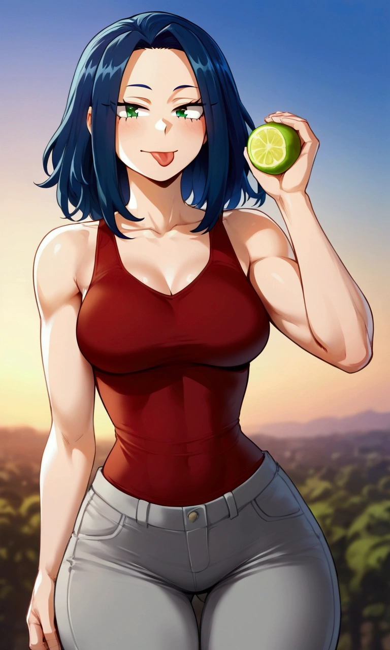 A girl with sky blue hair. Dark tank top. Lime green eyes. Grey pants. Medium sized breasts, but not too much. Hips a little bit wide. Sticking her tongue out with a funny expression. Boku no hero academia style