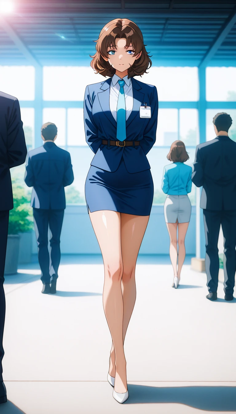 Brown Hair、 short haired 、bangs、悲しface、Blue Eyes、 full body style that reflects your whole body、Normal milk、 narrow waist 、Bare legs、 in a suit、 blue jacket , collared shirt 、 white shirt、 blue tie,belt, blue mini pencil skirt, black tights、White pumps、 official art, Extremely Detailed CG Unity 8K Wallpaper , Full Photo, colorful , bright _ Front_face_光ing,  shiny skin, ( masterpiece:1.0),(Highest_quality:1.0), 超 high definition ,4K, super detailed photo shoot, 8k,  high definition ,  high definition ,  absurd :1.2,  Kodak Portra 400,  film grain ,  blurry background, Bokeh:1.2,  lens flare, ( vibrant_ color:1.2),Professional photography,Anime Images、