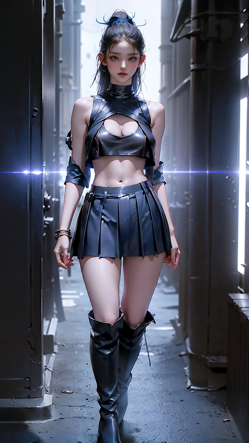 blue eyes,  chest wearing a black crop tank top , Red Pleated Skirt , ( Leather knee-high boots ), exposed shoulder , (whole body), Big Breasts , abs, Viewers, Best Quality Masterpiece , , Holopunk Style , (nsfw:1.0), erect nipples