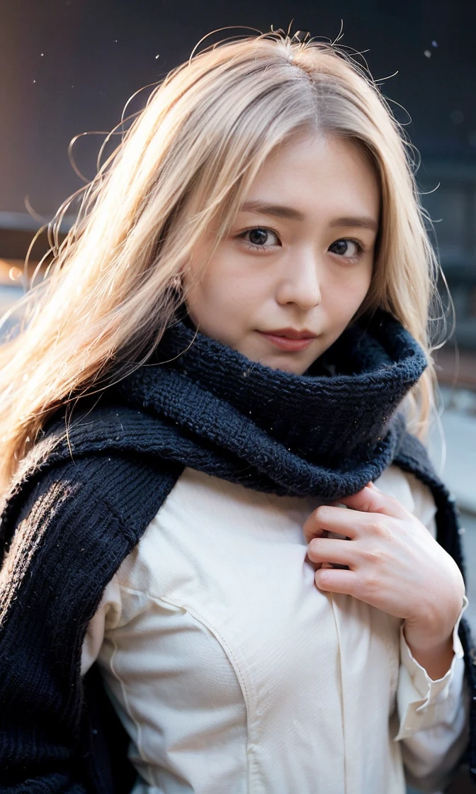 ((No makeup、Close your mouth:1.2))、(Realistic、Photorealistic、Ultra-detailed、Highest Detail Skin、Highest quality、masterpiece、Ultra-high resolution)、Cute Russian Women、、high school girl、young、One Girl、Has bangs、Ash Blonde:1.7、double eyelid、drooping eyes、Japanese style face、purity、Double teeth、Realistic skin types、Thick muffler、Gray muffler、Fluffy hair、((Hair is tucked into the scarf:1.3))、Red cheeks、The wind is blowing、It&#39;s snowing、night、illumination、Lighting from behind
