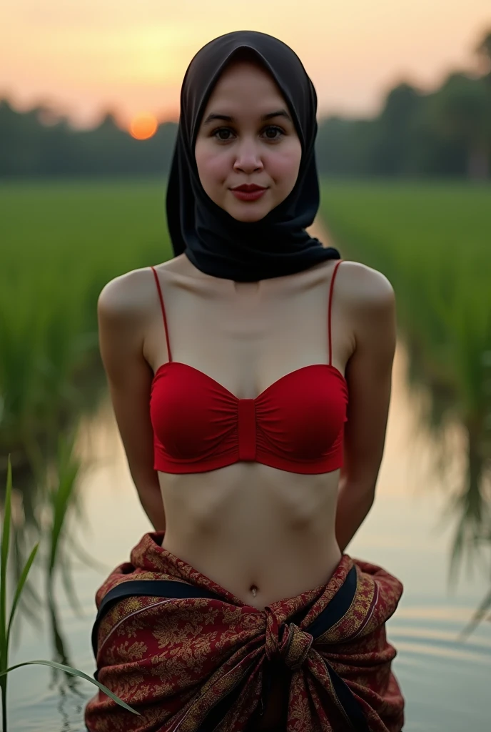 1 javanese girl , yellow flower pattern hijab, shy, medium portrait shot , watery eyes , glowing particles, wear red pastel lingerie, sunlight in afternoon bokeh background, proportional body,