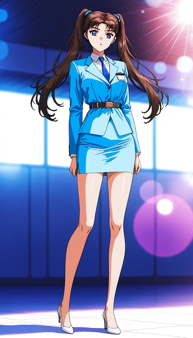 Brown Hair、 twin tails、bangs、悲しface、茶colorの瞳、 full body style that reflects your whole body、Normal milk、 narrow waist 、Bare legs、 in a suit、 blue jacket , collared shirt 、 white shirt、 blue tie,belt, blue mini pencil skirt, black tights、White pumps、 official art, Extremely Detailed CG Unity 8K Wallpaper , Full Photo, colorful , bright _ Front_face_光ing,  shiny skin, ( masterpiece:1.0),(Highest_quality:1.0), 超 high definition ,4K, super detailed photo shoot, 8k,  high definition ,  high definition ,  absurd :1.2,  Kodak Portra 400,  film grain ,  blurry background, Bokeh:1.2,  lens flare, ( vibrant_ color:1.2),Professional photography,Anime Images、
