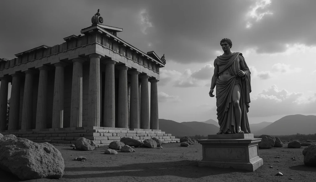 A magnificent statue，Represents the gods in Greek mythology，Standing tall amid the magnificence of ancient Greek temples。This black and white image highlights the timeless beauty and power of the statue and its surroundings.。The statue&#39;s face displays a powerful yet serene expression，Exuding a sacred aura。The scene is bathed in softness、In diffuse light，Subtle shadows add depth。The composition emphasizes the statue&#39;s majestic figure and fine details，And the magnificent architecture of the temple behind。Wide-angle lenses capture the full scope of a scene，Shows the scale and grandeur of the statues and temples。Contrasting black and white tones、The dramatic light and in-depth detail in the images inspire awe in the viewer，Bringing them back to the era of ancient myths and architecture。