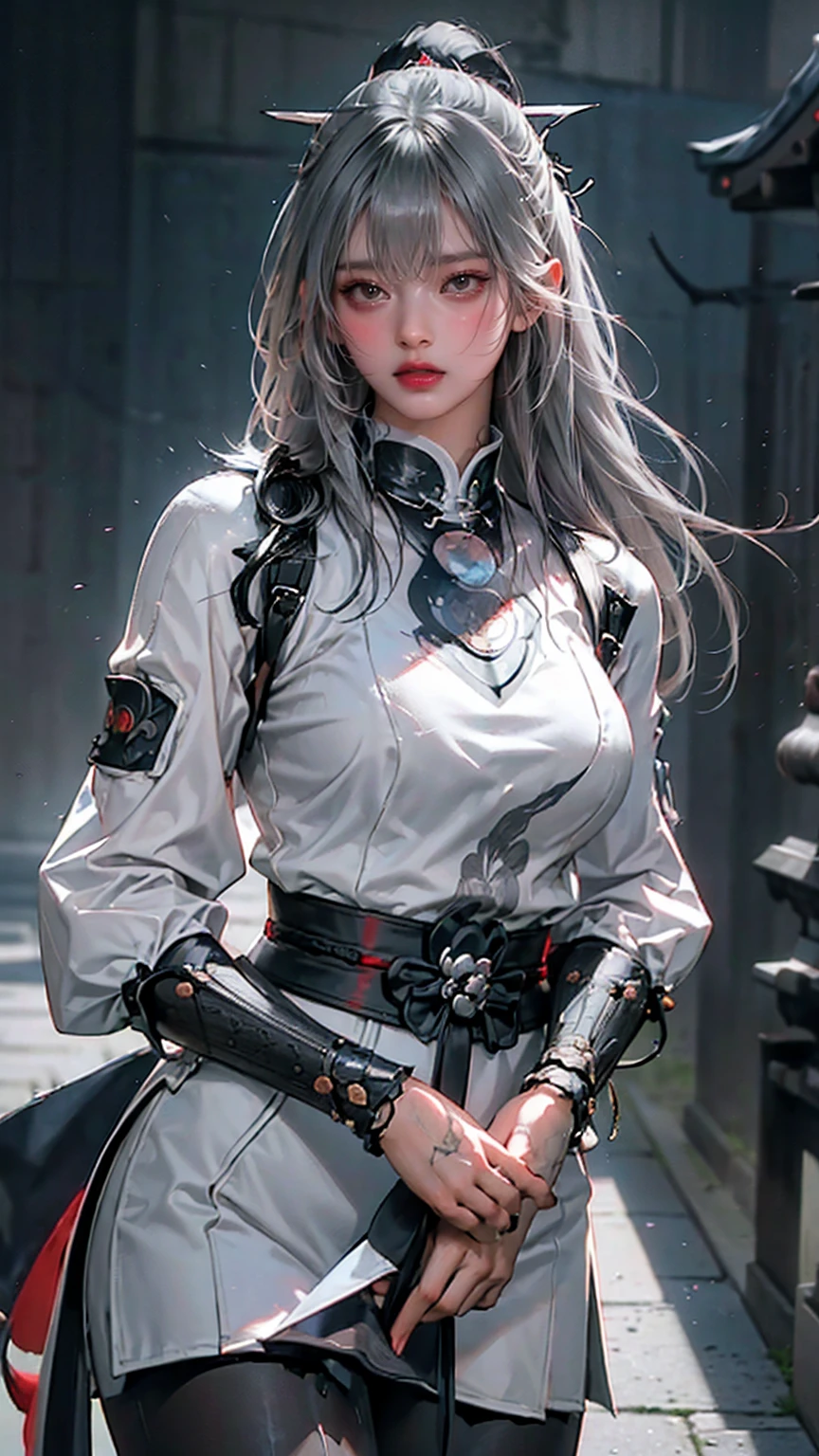 Grey Hair, whole body,Big Breasts,  top quality,woman,Alone,((  Masterpiece )), ((  top quality)), (  super detailed ), ((  very detailed)), 4K, (8k),  top quality, 緑の目をしたwoman, Japanese tattoo sleeve on right arm ,  samurai armor  ,  wear armor ,  software  , Japanese Temples