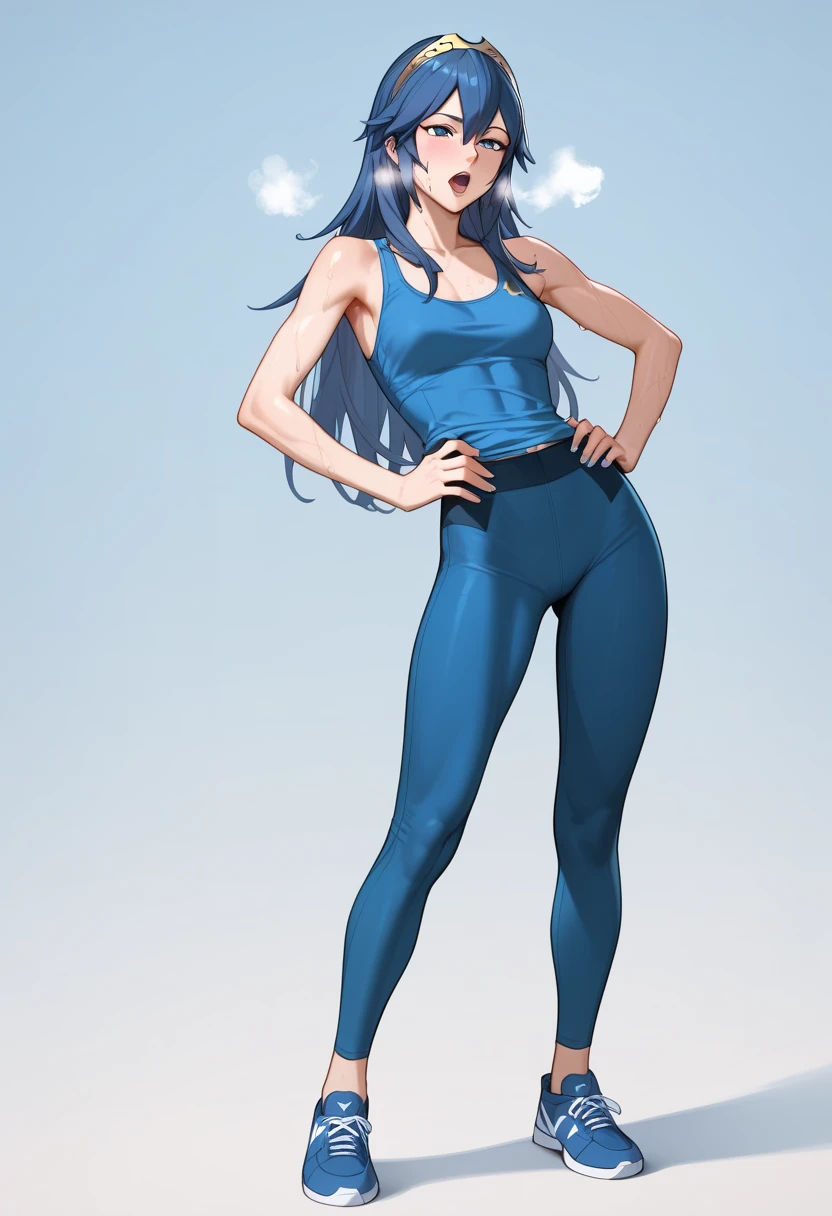 Lucina fe, blue hair,  Blue Eyes, Lucina, dark blue tanktop, blue yoga pants, blue shoes, hands on hips, open mouth, out of breath, sweaty, sexy, exhuasted, steam coming out of her mouth, half body, standing, sexy as hell