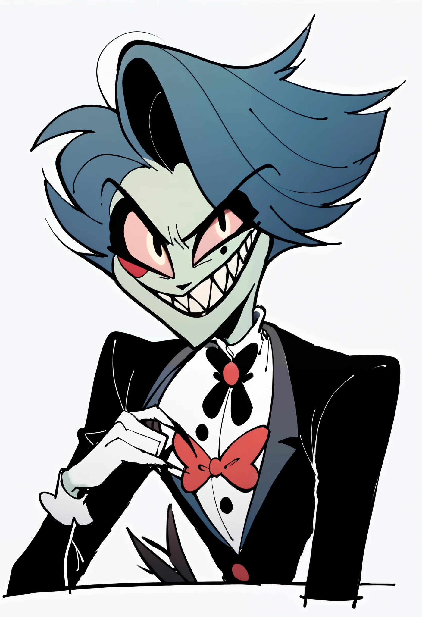 An hazbin hôtel character, a man with a green skin, blue hair, dark eyes, black Circus outfit, dark green freckles, evil smile 