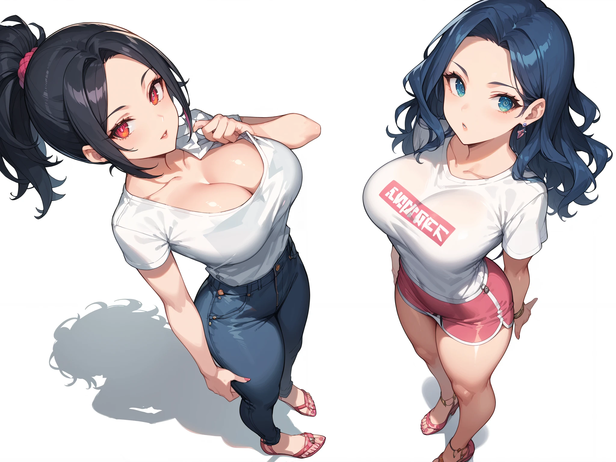  score_9,  score_8_above,  score_7_above,source_animated, high res image , masterpiece , better quality ,Women, big breasts , pretty face,light skin, Shiny hair , ultra detailed eyes , simple background ,  ( arched back:1.0),on tiptoe,Bermuda,shirt,fingers