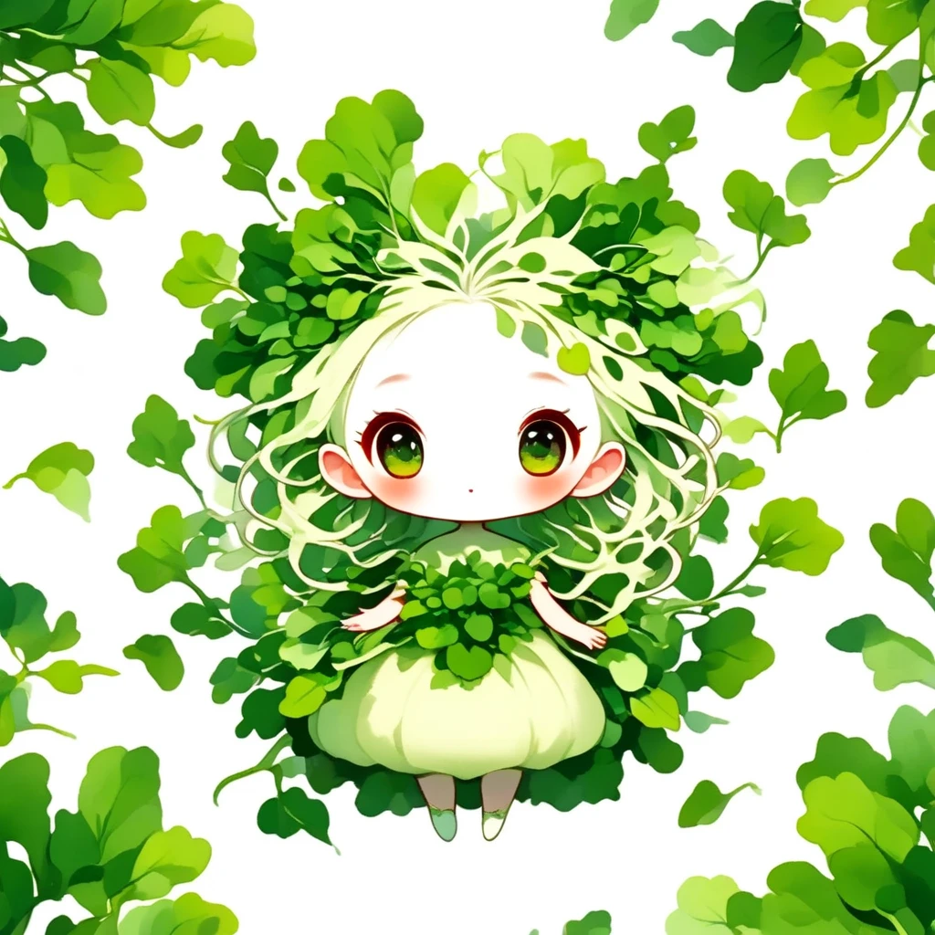 (masterpiece, best quality:1.2), Chibi cute, Logo art including a daikon lady's face, a daikon green leaves wreath, colorful, simplified, minimalism