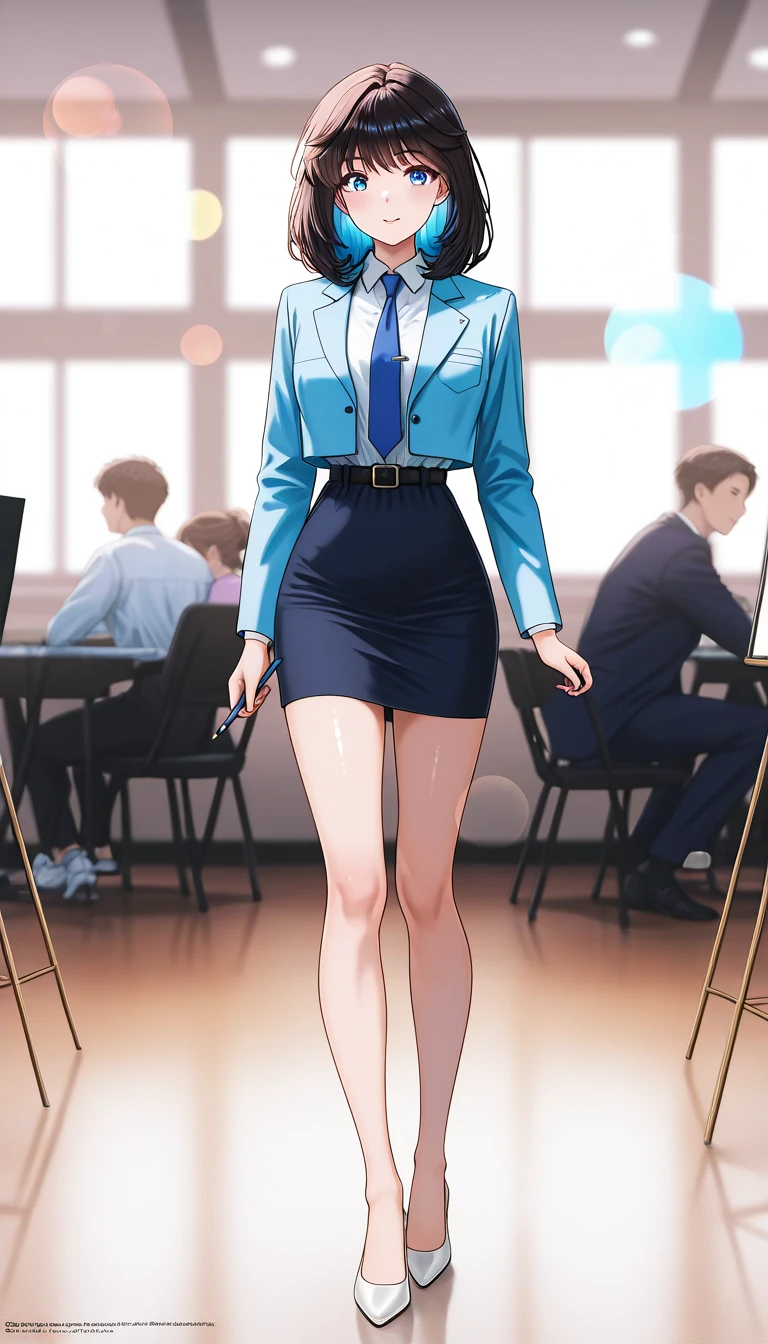 茶colorの髪, 茶colorの目,  medium hair up to buttocks, 悲しface、茶colorの瞳、 full body style that reflects your whole body、Normal milk、 narrow waist 、Bare legs、 in a suit、 blue jacket , collared shirt 、 white shirt、 blue tie,belt, blue mini pencil skirt, black tights、White pumps、 official art, Extremely Detailed CG Unity 8K Wallpaper , Full Photo, colorful , bright _ Front_face_光ing,  shiny skin, ( masterpiece:1.0),(Highest_quality:1.0), 超 high definition ,4K, super detailed photo shoot, 8k,  high definition ,  high definition ,  absurd :1.2,  Kodak Portra 400,  film grain ,  blurry background, Bokeh:1.2,  lens flare, ( vibrant_ color:1.2),Professional photography,Anime Images、