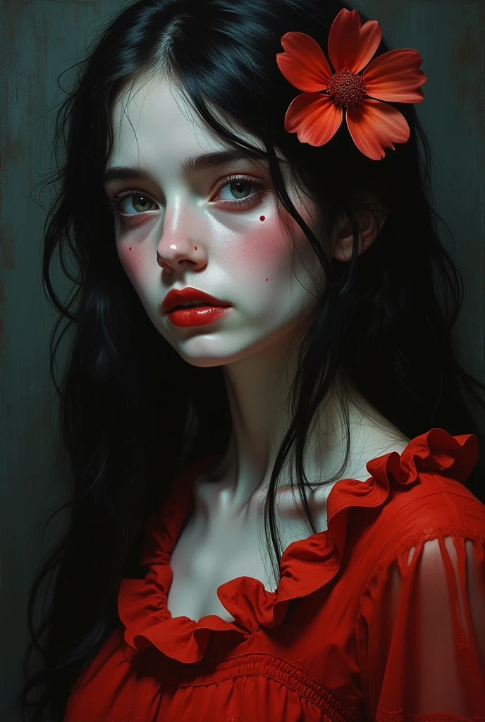 Solo painting, long hair, black hair, hair flower, dark silhouette skin, silhouette, hair ribbon, kate, red dress, frilled dress, 90's anime, evil grin, insane, Horror Artists: Junji Ito, Titan, Fuseli, Van Gogh, Andy Warhol and Dalí Art Style. There is a mole under the left eye. (((The obvious small mole under the left corner of the eye is Tomie’s personal symbol))) Shiny black long straight hair, My porcelain skin feels lifeless, dark arts, refer to: pietro annigoni, Zdzislaw Beksinski, caravaggio, Hannah Yata, gigger, Jean-Baptiste Monge, Luis Ricardo Falero, Perfect anatomy, golden ratio, centering, (Masterpiece, top quality, extreme) (8k, RAW Photo, High ISO, Best Quality, Masterpiece, Ultra High, triadic colors, anime, deep color, internet horror_Eldrich_abomination, body horror, rich deep color, corrupted photograph, brush strokes, Shimmering swirling glitter, strybk style, muted colors, full body, simple background, 3d anime style, acrylic painting, trending on pixiv fanbox, palette knife and brush strokes, style of makoto shinkai jamie wyeth james gilleard edward hopper greg rutkowski studio ghibli genshin impact