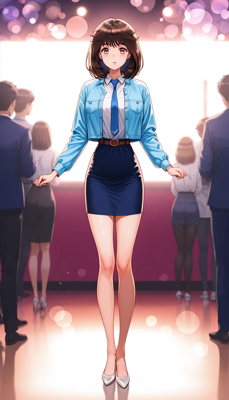 茶colorの髪, 茶colorの目,  medium hair up to buttocks, 悲しface、茶colorの瞳、 full body style that reflects your whole body、Normal milk、 narrow waist 、Bare legs、 in a suit、 blue jacket , collared shirt 、 white shirt、 blue tie,belt, blue mini pencil skirt, black tights、White pumps、 official art, Extremely Detailed CG Unity 8K Wallpaper , Full Photo, colorful , bright _ Front_face_光ing,  shiny skin, ( masterpiece:1.0),(Highest_quality:1.0), 超 high definition ,4K, super detailed photo shoot, 8k,  high definition ,  high definition ,  absurd :1.2,  Kodak Portra 400,  film grain ,  blurry background, Bokeh:1.2,  lens flare, ( vibrant_ color:1.2),Professional photography,Anime Images、