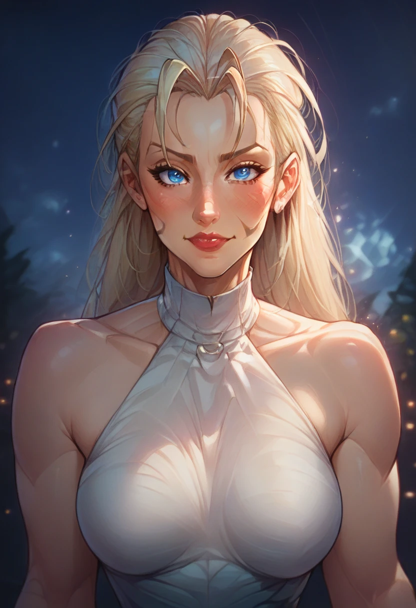 score_9, score_8_up, score_7_up, score_6_up, 1girl, High resolution, Very detailed, perfect lighting, beautiful detailed eyes, ((masterpiece,Best Quality)), mature female,Cammy White, \(Street Fighter\), scar on cheek, blue eyes, blonde hair, long hair, twin braids, antenna hair, lips, lipstick, in heat, aroused, high quality beautiful lights around the body, Fireworks Background, cameltoe, front, Embarrassed, blush, smile, medium breasts, bare shoulders, halterneck dress, white dress, sleeveless turtleneck, stadding, Looking at the viewer, night,  