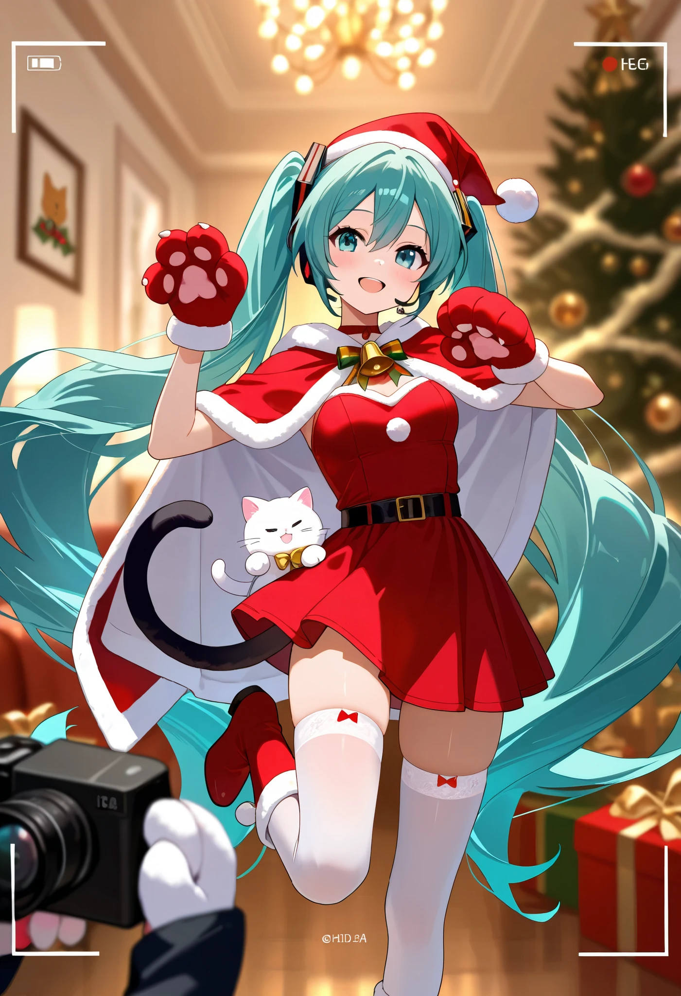 Hatsune Miku, wearing a Christmas suit with a cape, white cat's paw plush gloves on her hands, cat's paw plush gloves cat palm prints facing the camera, white stockings under a short skirt, red plush boots, one foot up, and a big bell tied to the black tail behind her, looking at the best quality of the shot, masterpiece, high detail, perfect light and shadow, Christmas atmosphere, blurred background