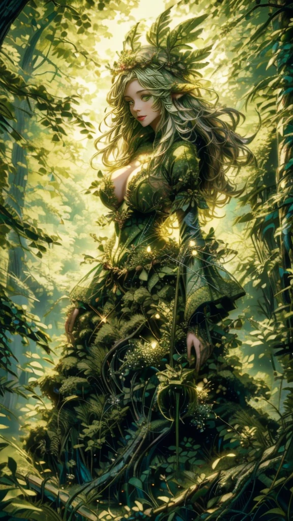  tree々 Picture of a Woman in the Forest with Her Face Changing , Forest Goddess, Goddess of Nature, Goddess of Nature, Queen of Nature  ,    the fairy queen of the summer forest   , beautiful elegant Dryad, forest Dryad, Dryad in the forest, Queen of the Forest,   Fascinated by Nature's Spirits  , Dryad,   Detailed Fantasy Art  , Mother of Nature  ,   Earth Goddess Mythology  、change 、フェイスを変える、 That Time I Got Reincarnated as a Slime、、Big Breasts、Hair is green、holding a magic wand in hand、