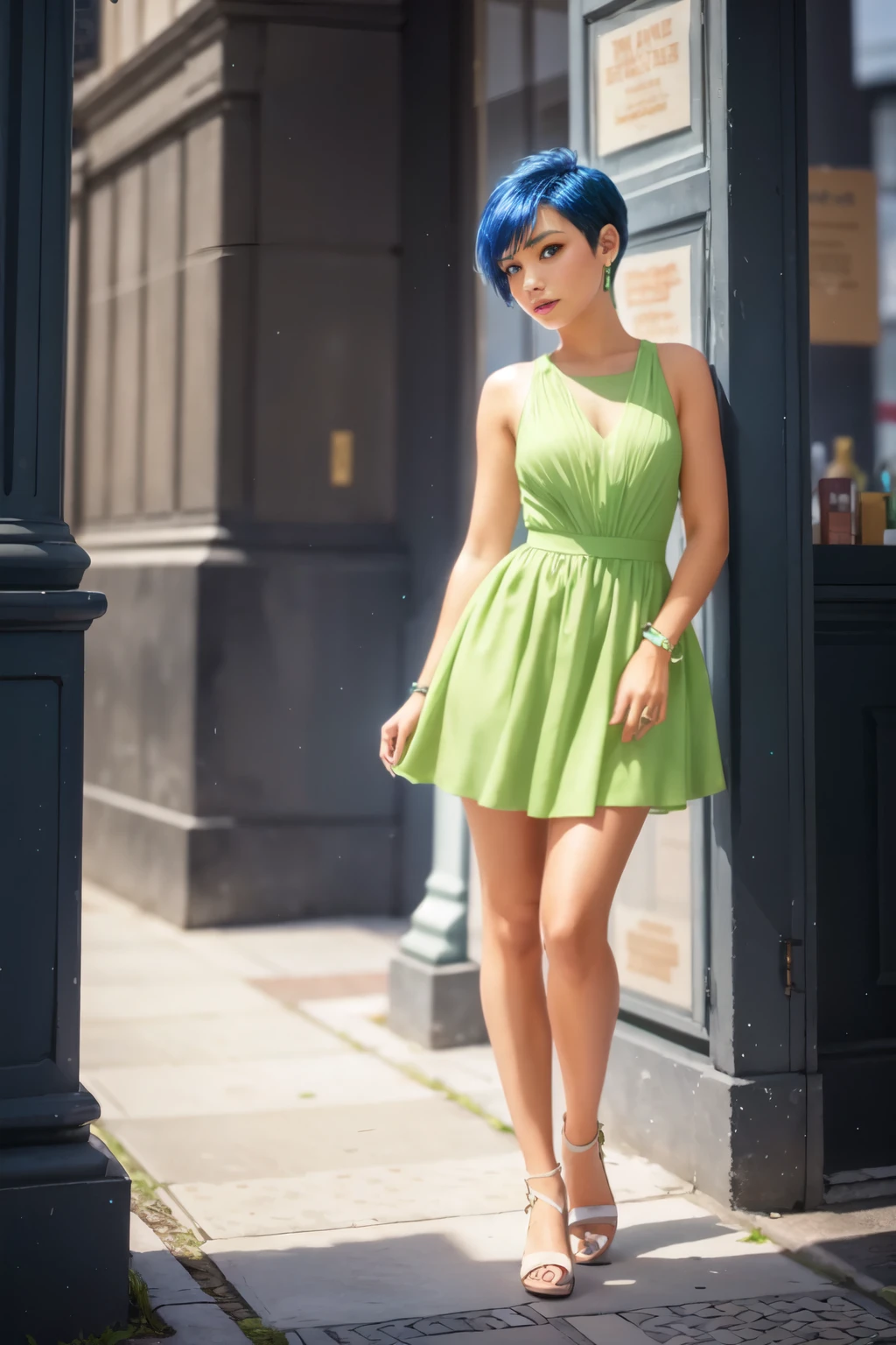 Girl, picture, photorealistic, full body, blue short hair, green dress 