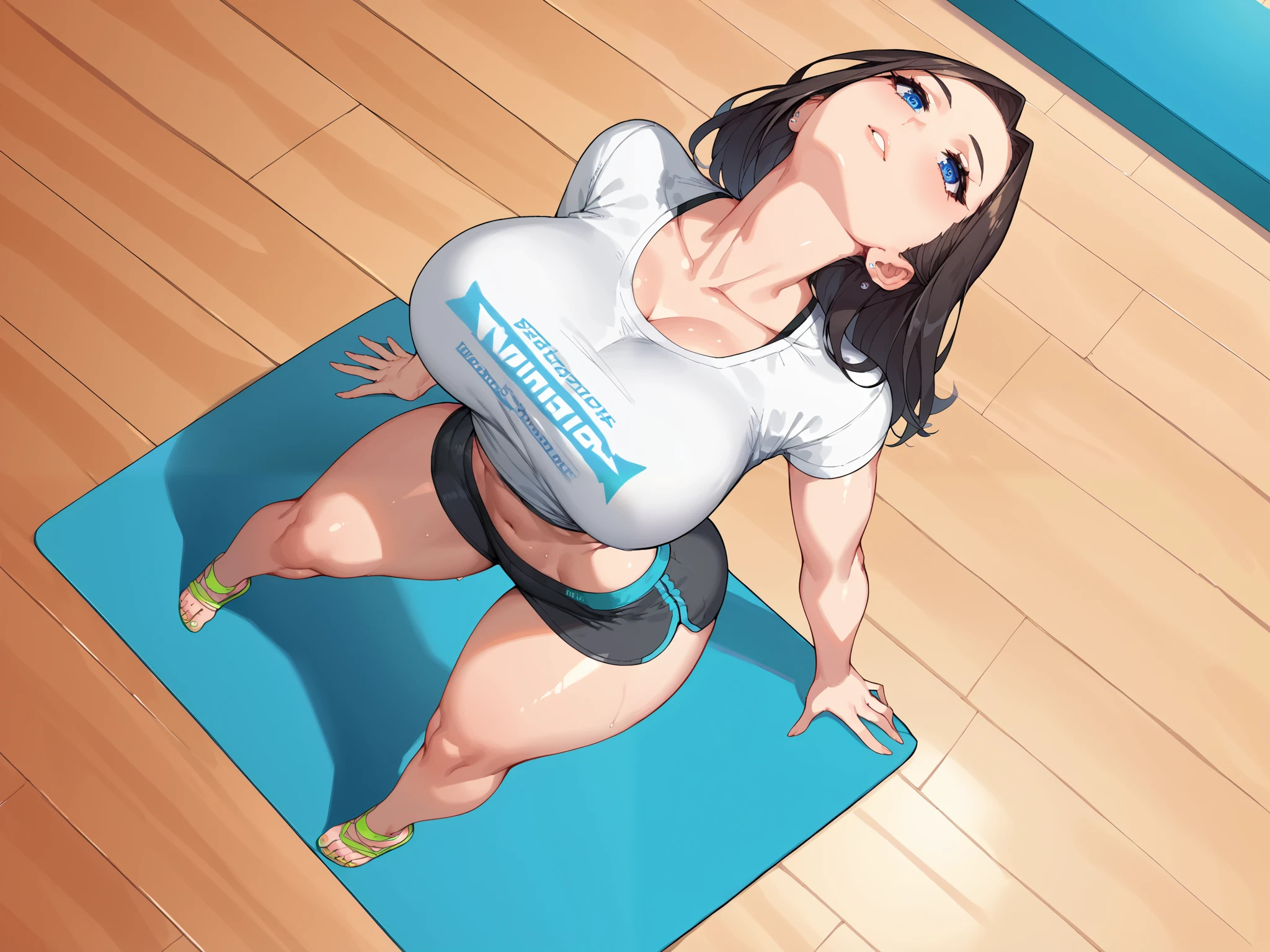  score_9,  score_8_above,  score_7_above,source_animated, high res image , masterpiece , better quality ,Women,broad breasts, pretty face,light skin, Shiny hair , ultra detailed eyes ,Yoga class,  ( arched back:1.0),on tiptoe,Bermuda,shirt , 