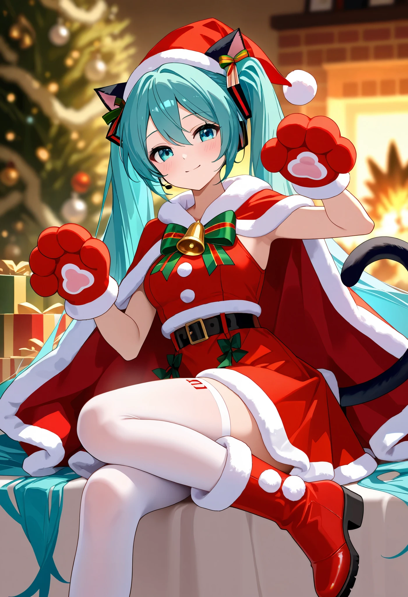 Hatsune Miku, wearing a Christmas suit with a cape, white cat's paw plush gloves on her hands, cat's paw plush gloves cat palm prints facing the camera, white stockings under a short skirt, red plush boots, one foot up, and a big bell tied to the black tail behind her, looking at the best quality of the shot, masterpiece, high detail, perfect light and shadow, Christmas atmosphere, blurred background