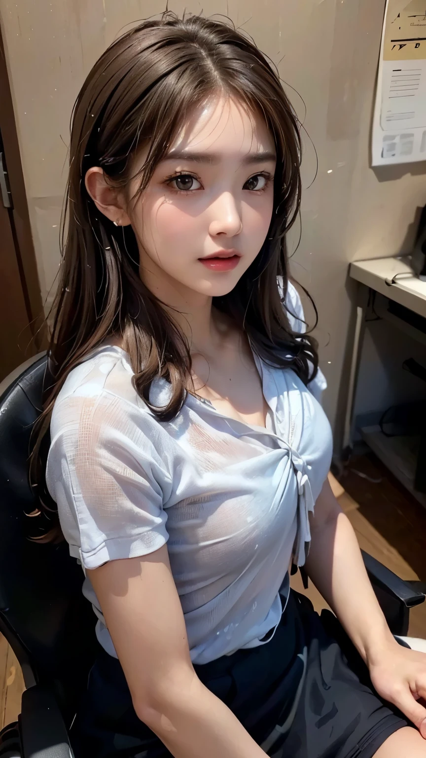 (8k, RAW photo, photorealistic:1.25) ,( lipgloss, eyelashes, gloss-face, glossy skin, best quality, ultra highres, depth of field, chromatic aberration, caustics, Broad lighting, natural shading,Kpop idol) looking at viewer with a serene and goddess-like happiness, highschool classroom, sailor uniform, mini skirt