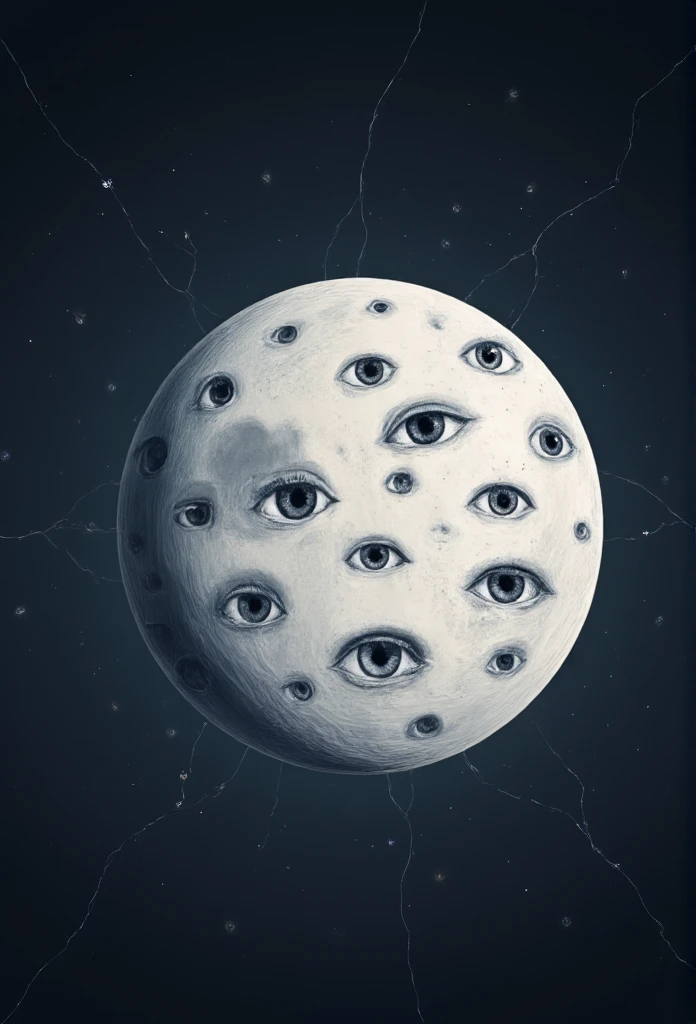 Create a moon with many eyes in drawing style 