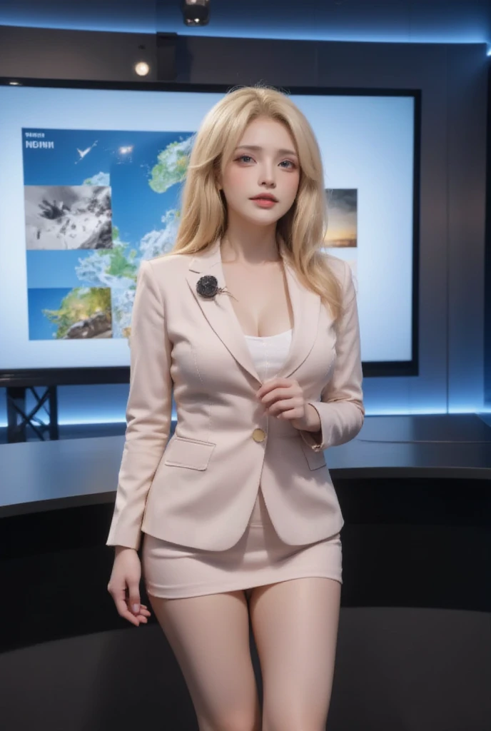 In a modern TV news studio, a European white female broadcaster sits confidently in front of a large screen displaying a weather map. She is blonde, super beautiful, with facial beauty and a hint of sexiness. She is dressed in a top brand suit, featuring a light-colored blazer and a mini skirt, paired with a white shirt. Her bare legs are accentuated by her high heels, adding to her professional yet stylish appearance. A pin microphone is attached to her collar, indicating her role as a weather forecast announcer. The scene is depicted in a safe-for-work (SFW) manner, maintaining professionalism while showcasing the broadcaster's beauty and confidence in her role.