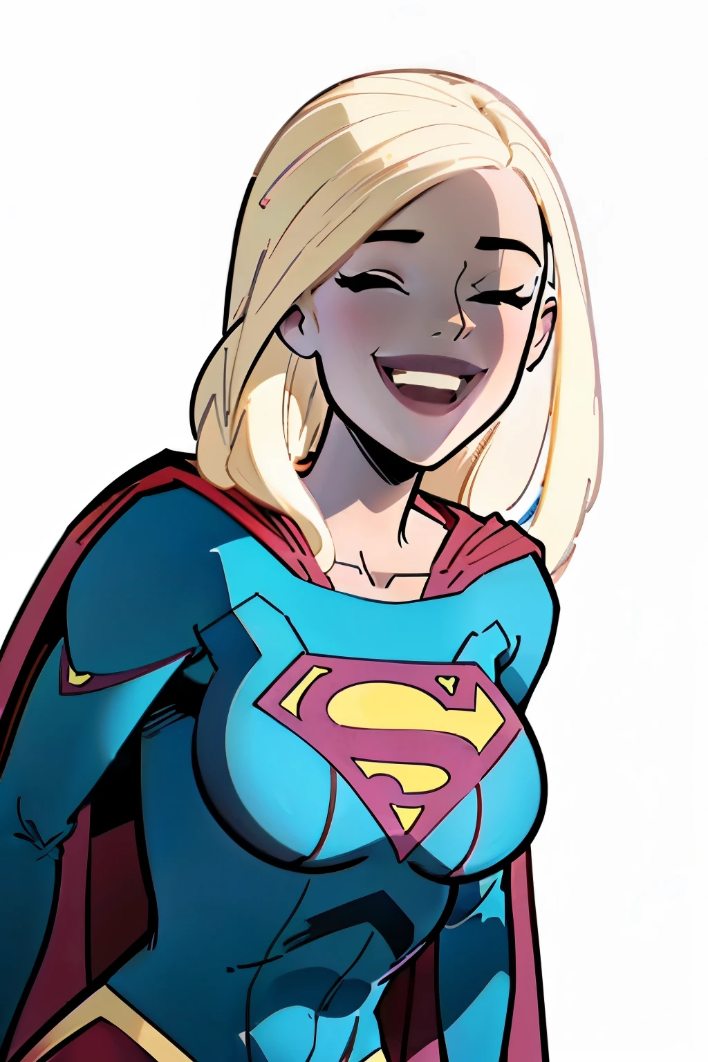 supergirl (dc comics), happy, eyes closed, smile, beautiful tender face, blonde hair, long hair, big tits, dynamic pose, white background.