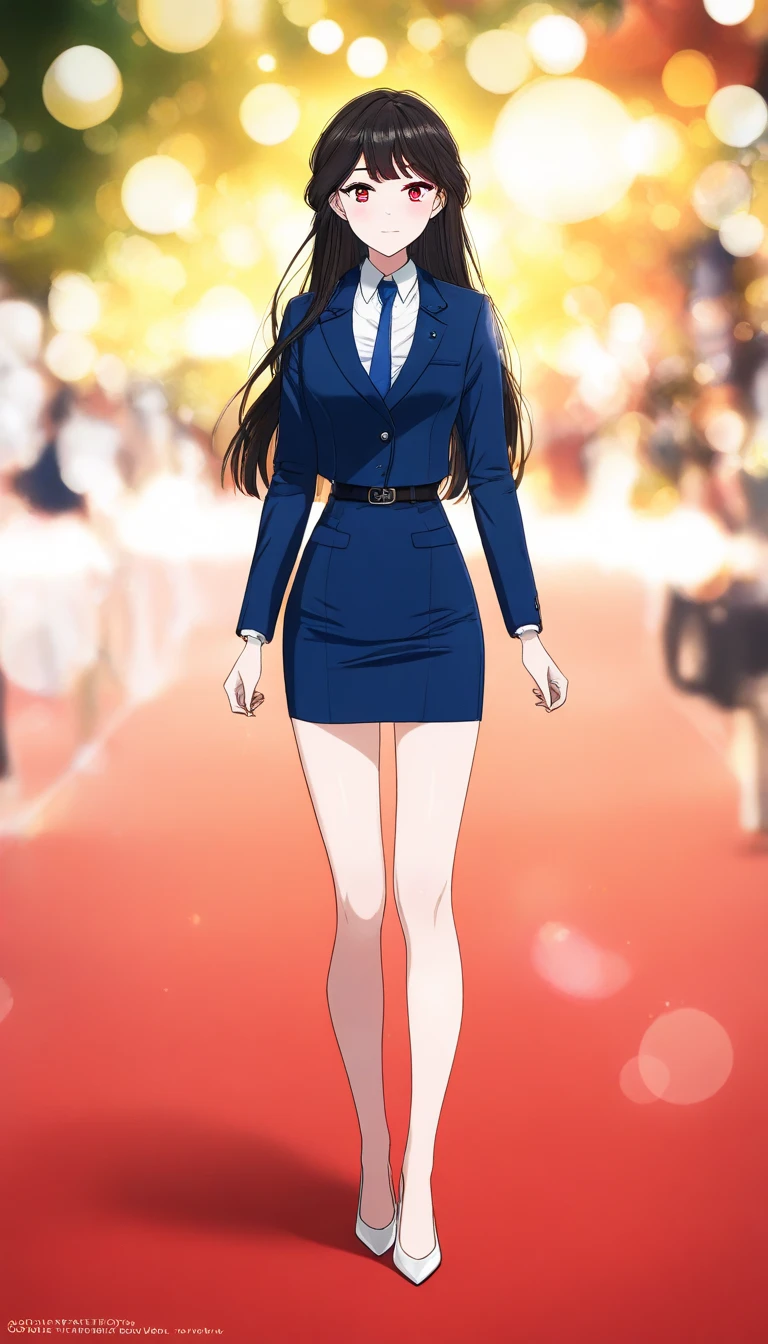  long hair, 茶colorの髪,  red eyes, bangs,  full body style that reflects your whole body、Normal milk、 narrow waist 、Bare legs、 in a suit、 blue jacket , collared shirt 、 white shirt、 blue tie,belt, blue mini pencil skirt, black tights、White pumps、 official art, Extremely Detailed CG Unity 8K Wallpaper , Full Photo, colorful , bright _ Front_face_光ing,  shiny skin, ( masterpiece:1.0),(Highest_quality:1.0), 超 high definition ,4K, super detailed photo shoot, 8k,  high definition ,  high definition ,  absurd :1.2,  Kodak Portra 400,  film grain ,  blurry background, Bokeh:1.2,  lens flare, ( vibrant_ color:1.2),Professional photography,Anime Images、