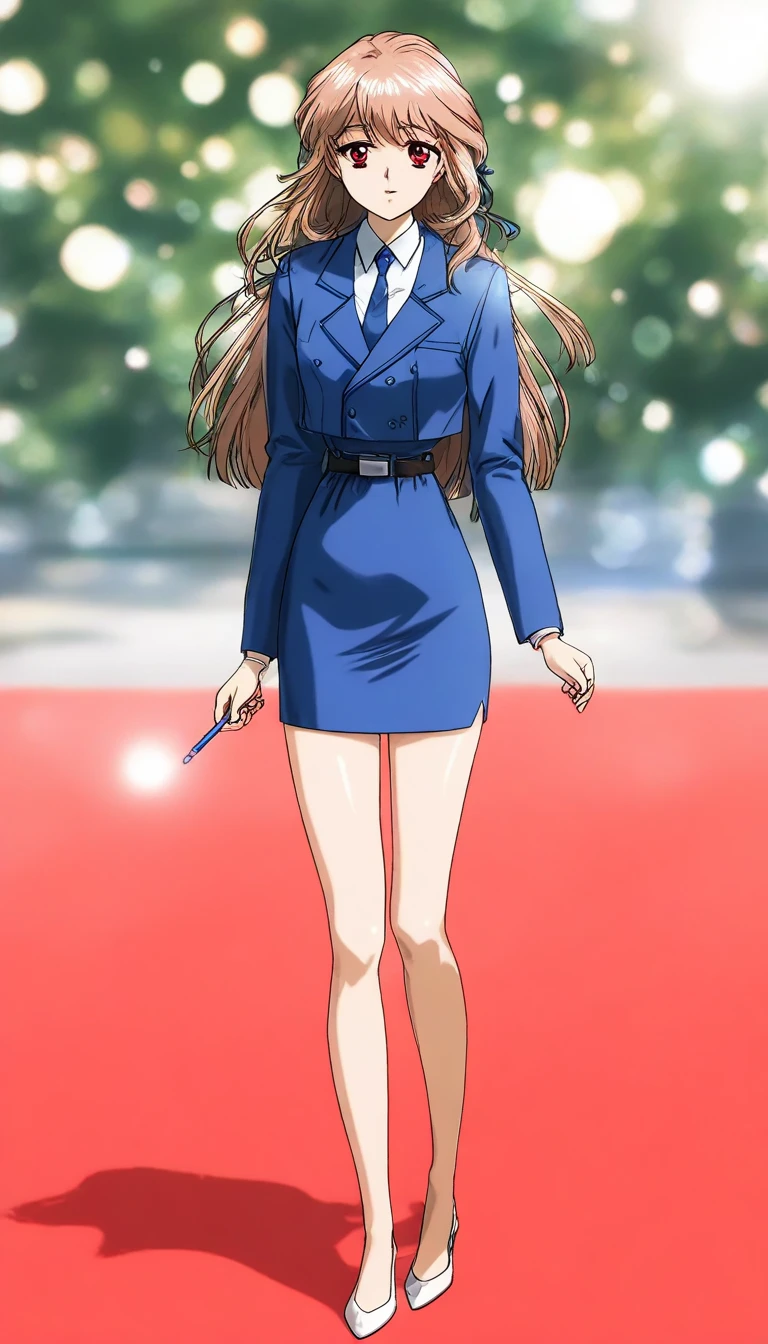  long hair, 茶colorの髪,  red eyes, bangs,  full body style that reflects your whole body、Normal milk、 narrow waist 、Bare legs、 in a suit、 blue jacket , collared shirt 、 white shirt、 blue tie,belt, blue mini pencil skirt, black tights、White pumps、 official art, Extremely Detailed CG Unity 8K Wallpaper , Full Photo, colorful , bright _ Front_face_光ing,  shiny skin, ( masterpiece:1.0),(Highest_quality:1.0), 超 high definition ,4K, super detailed photo shoot, 8k,  high definition ,  high definition ,  absurd :1.2,  Kodak Portra 400,  film grain ,  blurry background, Bokeh:1.2,  lens flare, ( vibrant_ color:1.2),Professional photography,Anime Images、