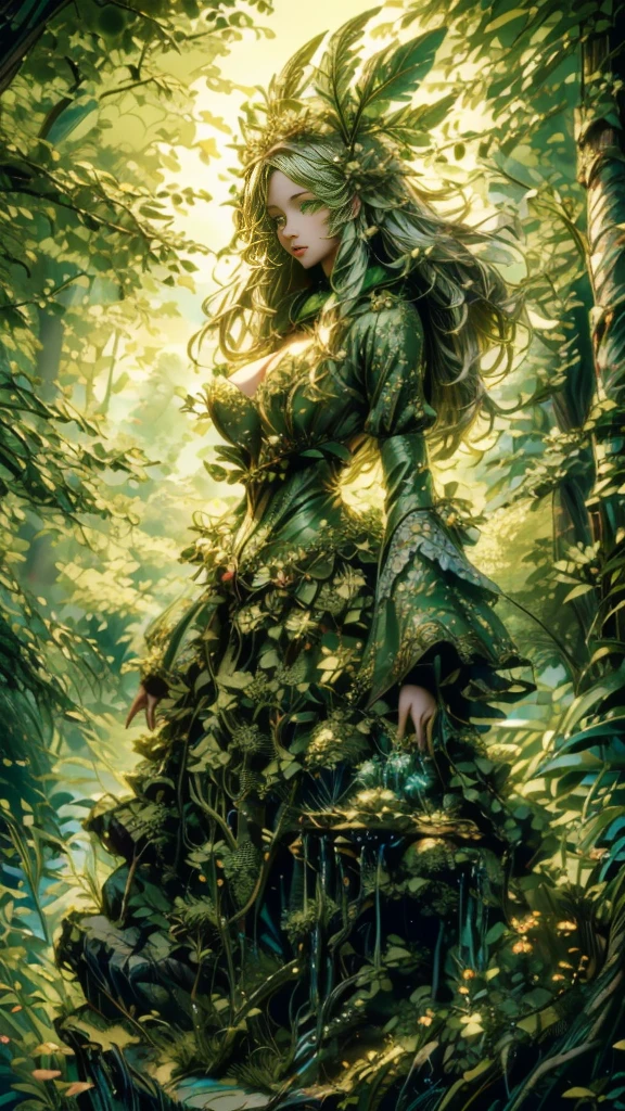 Picture of a woman in a forest with trees, Forest Goddess, Goddess of Nature, Queen of Nature ,  the fairy queen of the summer forest , 美しいエレガントなDryad, 森のDryad, Dryad in the forest, Queen of the Forest,  Fascinated by Nature's Spirits , Dryad,  Detailed Fantasy Art , Mother of Nature ,  Earth Goddess Mythology 、Change 、フェイスをTrainiに変える、That time I got reincarnated as a slime、Traini、Big Breasts、Hair is green、holding a magic wand in hand、