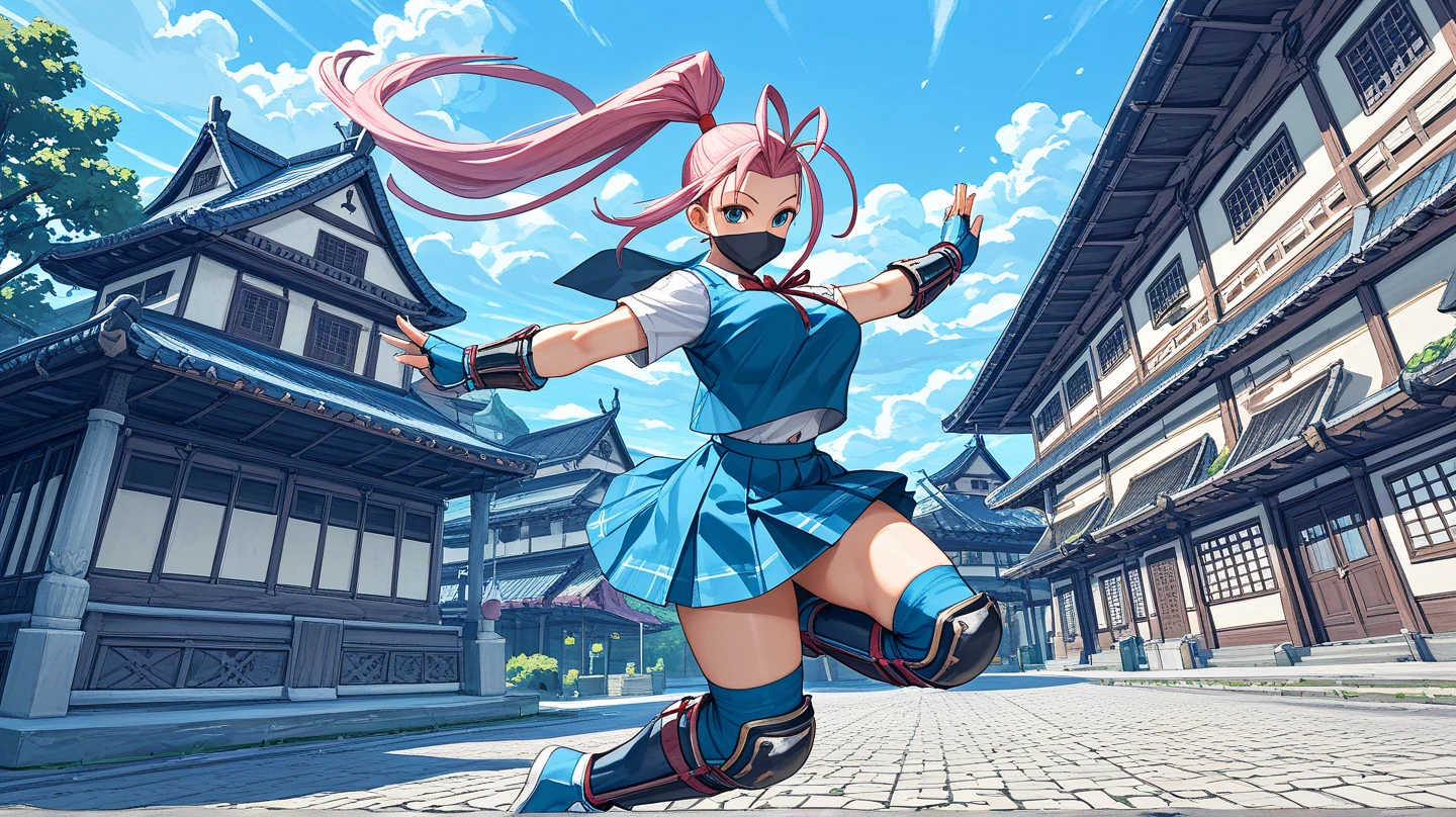 ,Alone, 1 girl\(Ibuki SF ,cute,Cute, Big Breasts , long hair, skirt, big eyes,、 pink haired girl、 blue eyes、 twin drill、 movie scene,very  long hair,( school uniform), ponytail, fingerless gloves ,armor,( black mask ),Antenna Hair,japanese armor,Knee pads,,Shin guards,Ibuki\( STREET FIGHTER\), dynamic action, ( dynamic pose:1.3), (Jumping:1.5),(In the air:1.4),(aerial action :1.3),Muscular, seductive ,  glamorous\). ( from below:1.3), background\(cute little 1tanuki,( many Kunai :1.3)  firing at viewers ,Old Town  (Kyoto) temple\),( dynamic angle:1.3),  Dutch Angle .  score_9,  score_8_up,  score_7_up,  score_6_up,  score_5_up,  score_4_up,  source_Anime, source_ furry ,evaluation_safe,evaluation_ objectionable ,  Masterpiece ,  top quality,  perfect anatomy  , very aesthetic ,  absurd ,