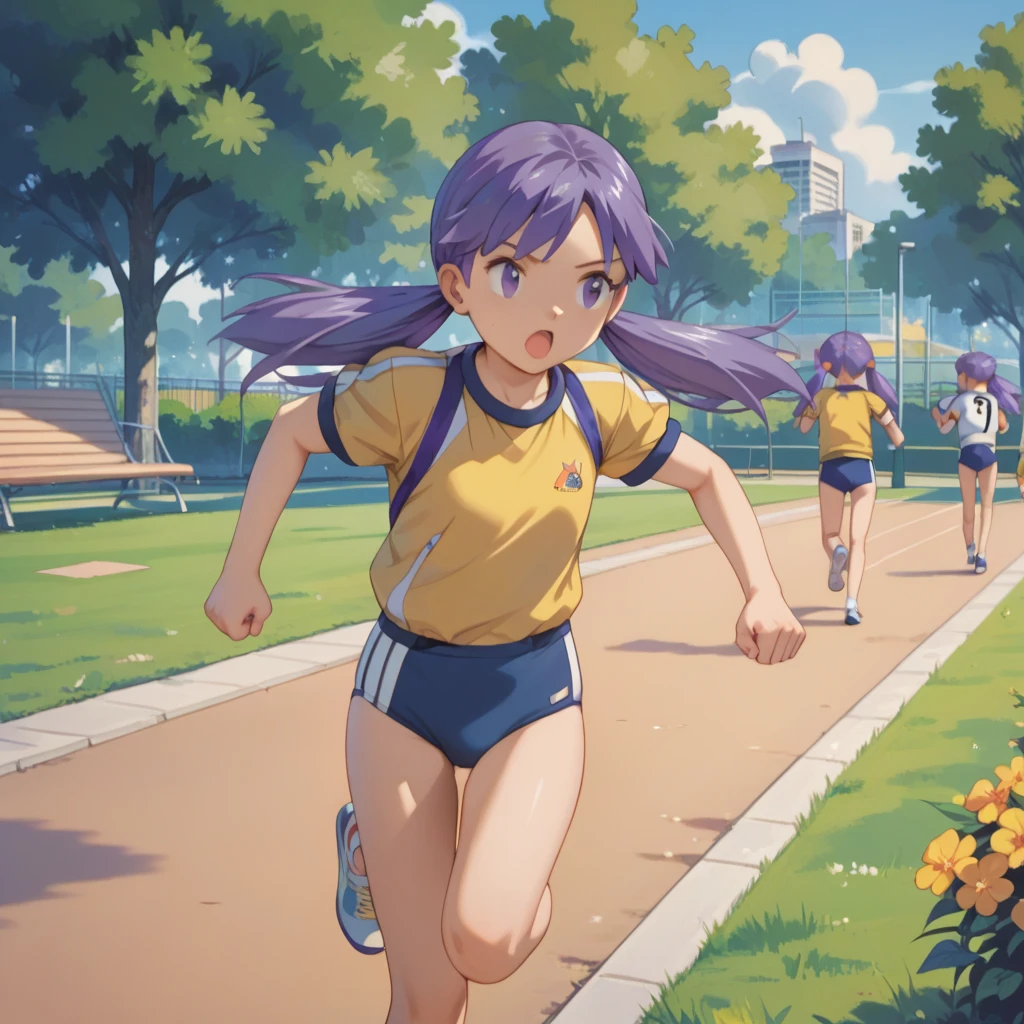 a young girl exercising in the park, 1girl, young, purple hair, twintails, gym uniform, buruma, park, outdoors, running, exercise, best quality, masterpiece,