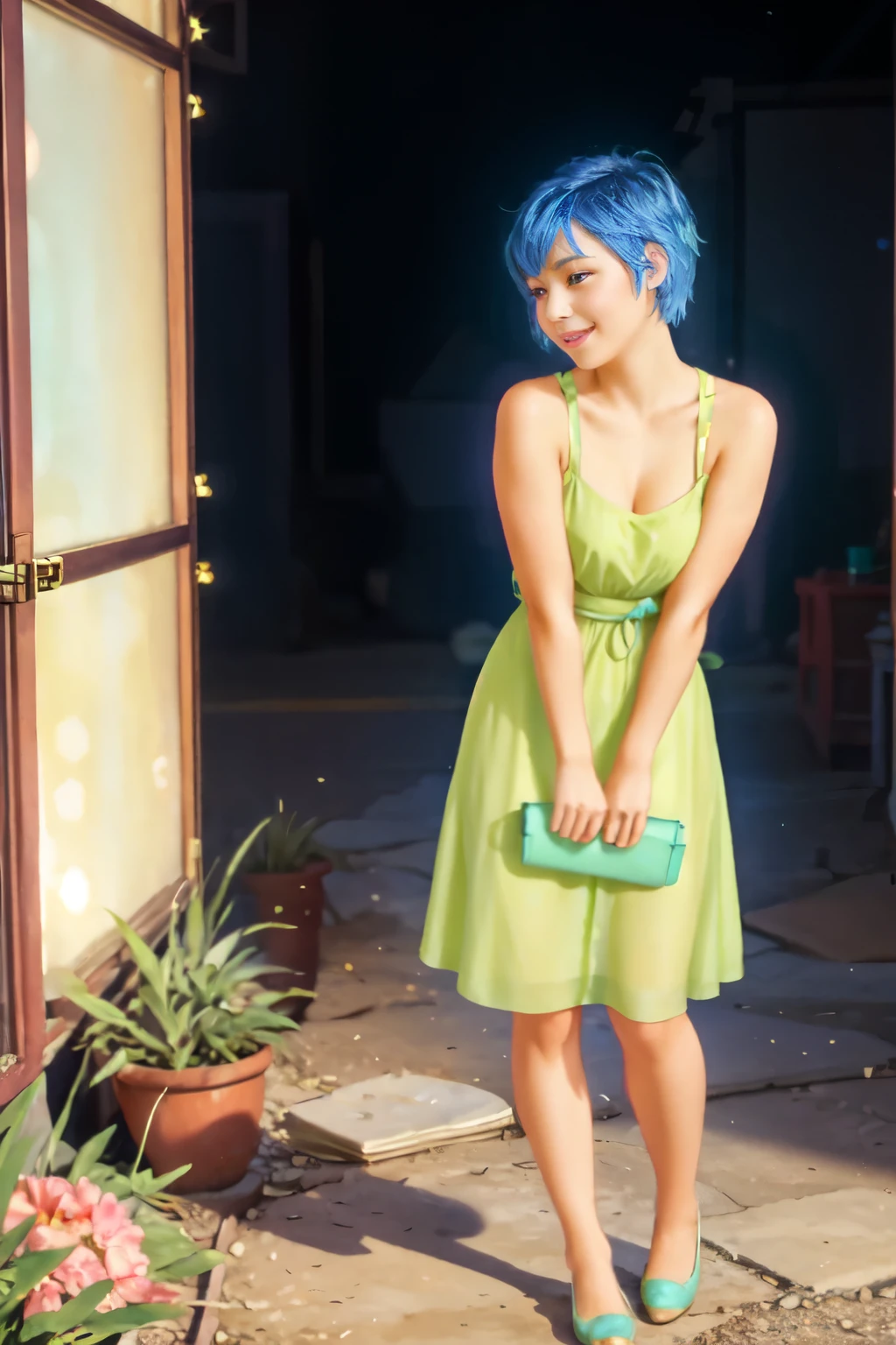 Girl, picture, photorealistic, full body, blue short hair, green dress , cute, sexy, joy, dinamic pose