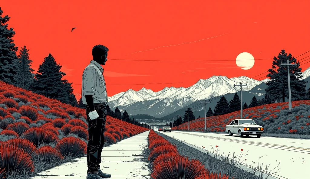 Create a detailed  featuring a retro scene from 1970s California. The image should depict a man in silhouette standing on the left side of a cement-paved sidewalk, wearing a loose-fitting shirt and pants, gazing towards the horizon. The background should showcase a highway with vehicles in motion, leading towards the majestic Santa Cruz mountains, which rise high in the distance. The sky should be a deep red, blending into dark red accents on the grass, creating a dramatic contrast with the black and white elements of the drawing. The overall composition should emphasize the interplay of light and shadow, with fine lines and cross-hatching techniques to add texture and depth, capturing the essence of nostalgia and the vibrant atmosphere of California in the 1970s.