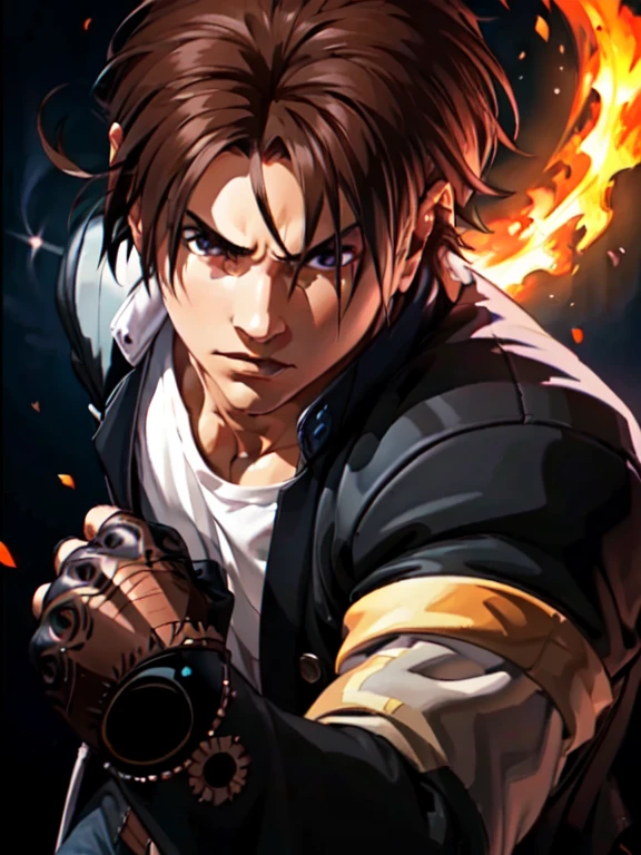 Masterpiece, highest quality, ultra realistic, intricate details, 8k, 4k, professional illustration of kyo kusanagi,, (((perfect hands))), serious look,expression, fire vortex